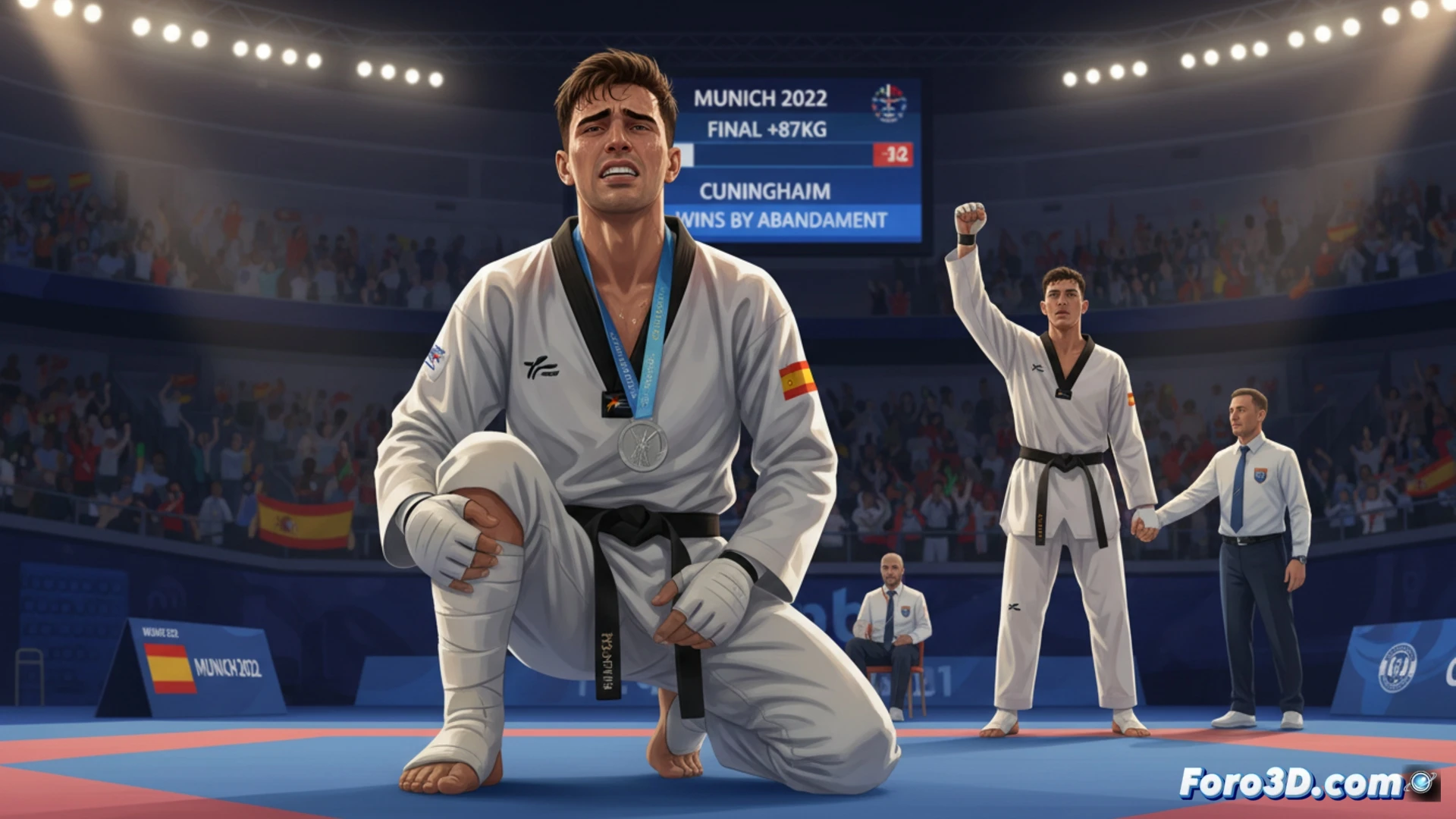Descripción (80-120 caracteres):  
Iván García, en el podio con medalla de plata, toca su pierna vendada tras lesionarse en la final europea de taekwondo.