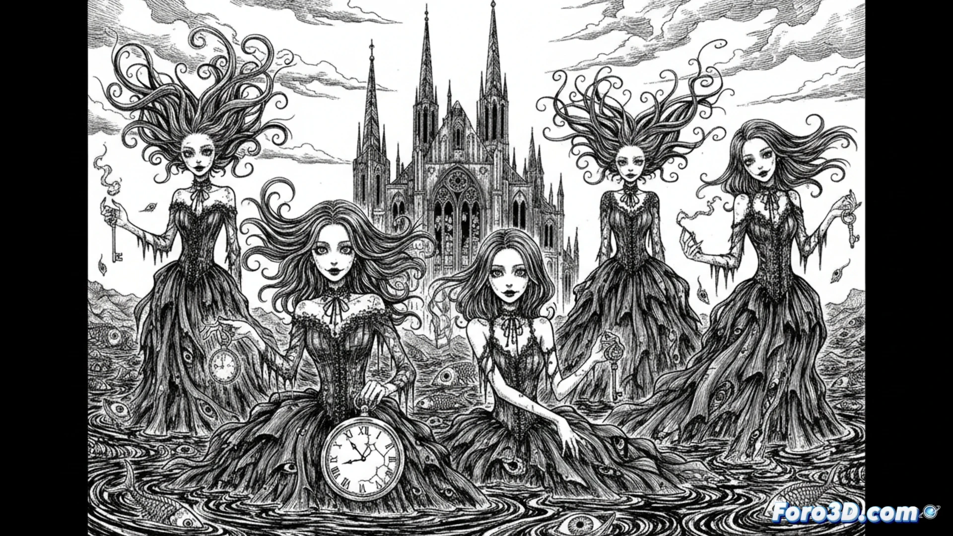 Portada de IVE en blanco y negro con estilo gótico de Ito Junji: miembros y mascotas MINIVE con líneas alargadas y expresiones apagadas.