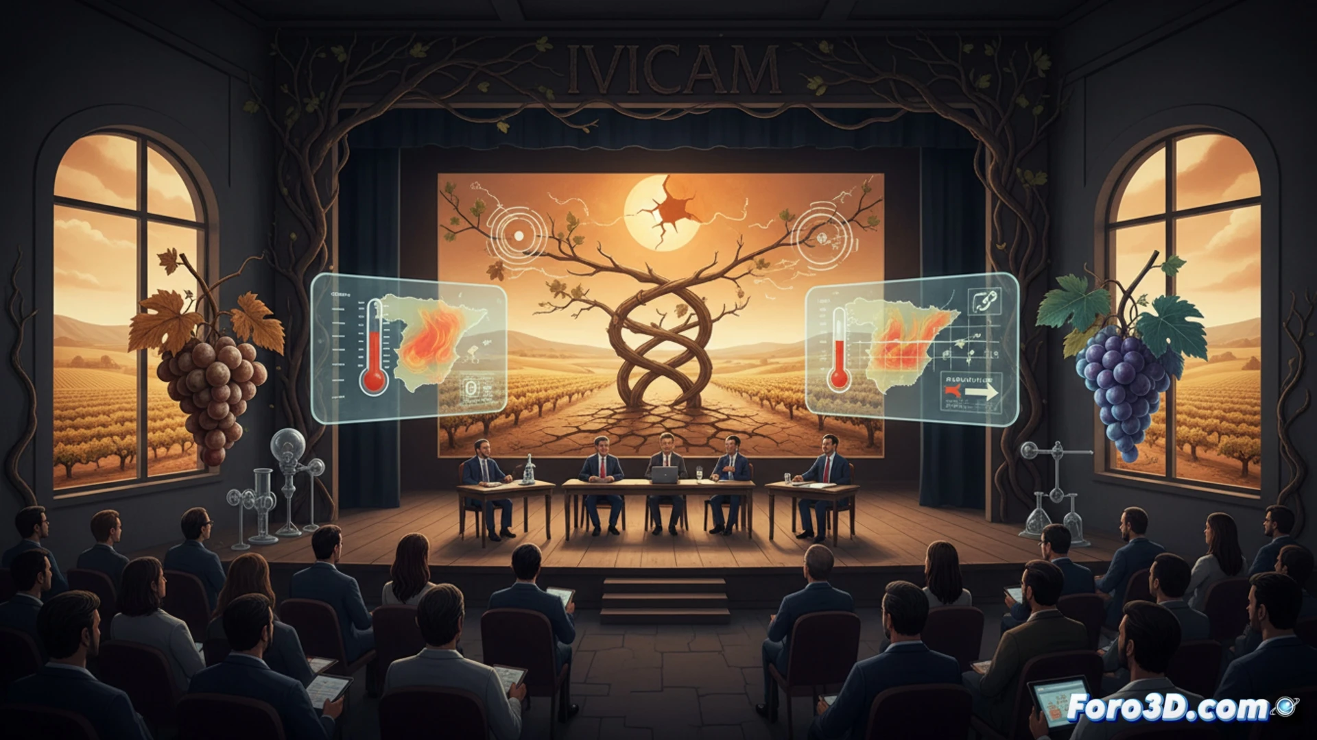 wide-angle shot of agronomists and researchers gathered around a table with soil moisture sensors and weather station data screens, one expert pointing at a tablet showing an infrared satellite map of vineyard water stress, while another demonstrates a handheld chlorophyll meter on a grapevine leaf, dry cracked earth visible nearby, extreme heat haze distorting background vineyards, cinematic technical documentation style, photorealistic industrial lighting, sharp focus on scientific instruments and data visualization