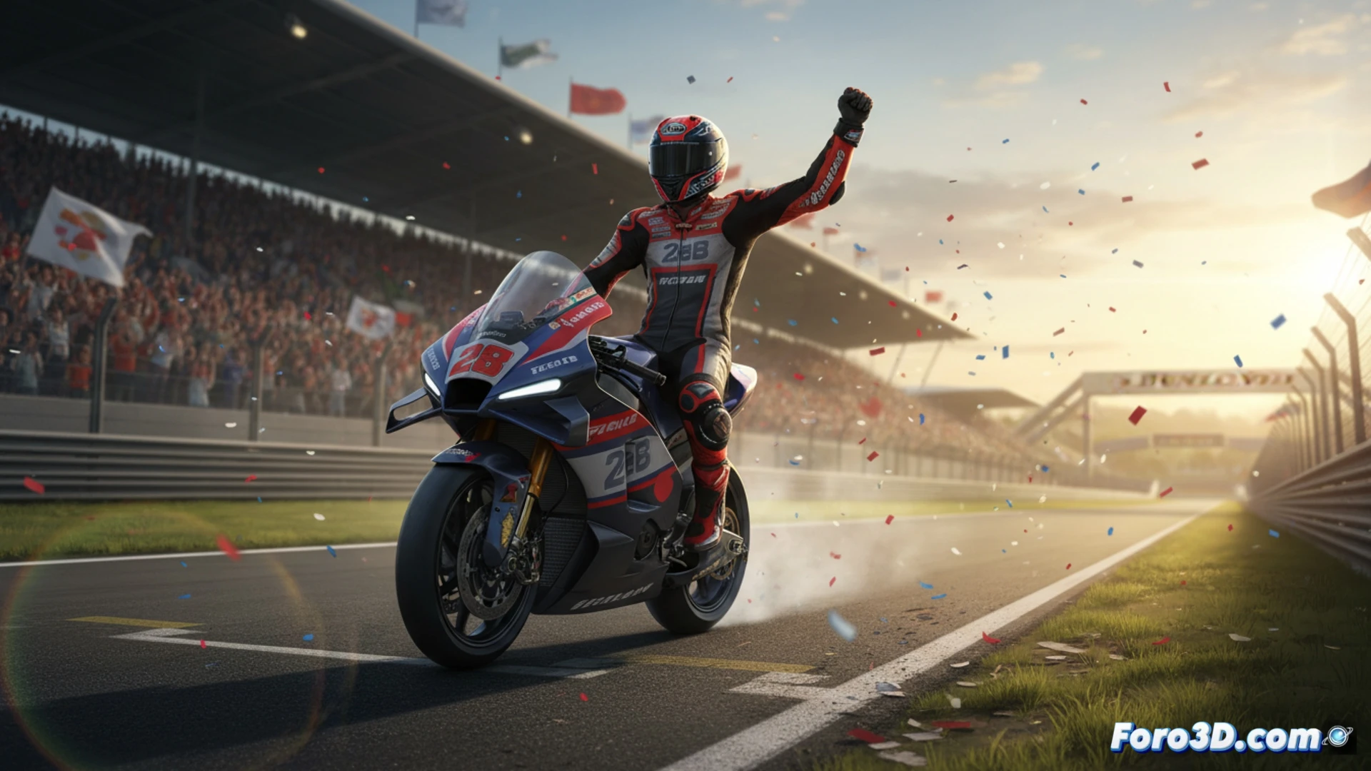 Izan Guevara levanta el puño en señal de victoria sobre su moto Boscoscuro en Le Mans, con el podio y banderas de fondo.