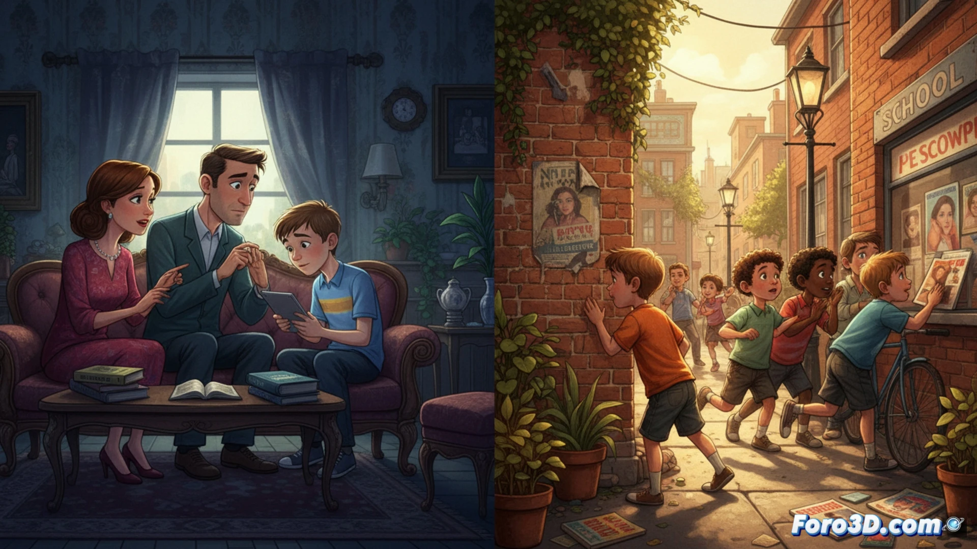 two 1980s children walking on a cobblestone street, one pointing at a faded graffiti drawing on a brick wall while the other leans in curiously, distant school building with open windows visible, no adults present, cinematic photorealistic style, warm golden afternoon light casting long shadows, shallow depth of field focusing on the children's exploratory gesture, textured stone and brick surfaces, nostalgic film grain, subtle motion blur in their swinging arms during the walk, technical scene demonstrating unsupervised discovery