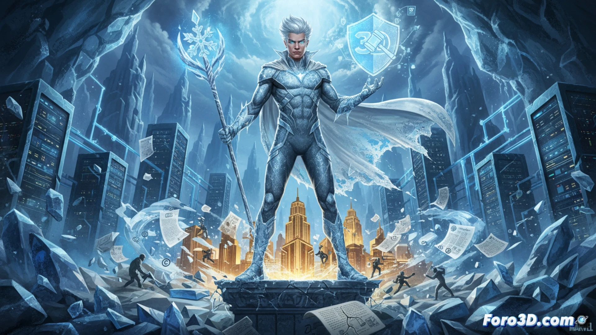 Ilustración de Jack Frost congelado entre dos épocas, códigos legales y modelados 3D flotando a su alrededor
