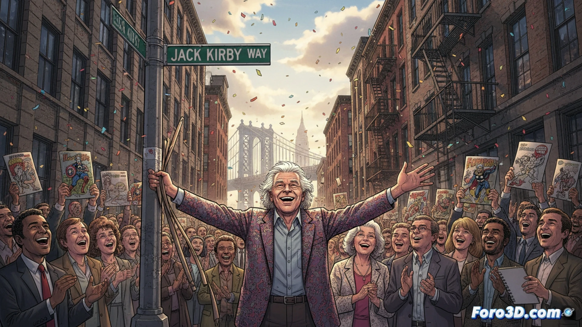 Una vibrante multitud de dibujantes y fans vitorea en Essex Street, Nueva York, mientras develan el letrero azul de Jack Kirby Way bajo un cielo despejado.