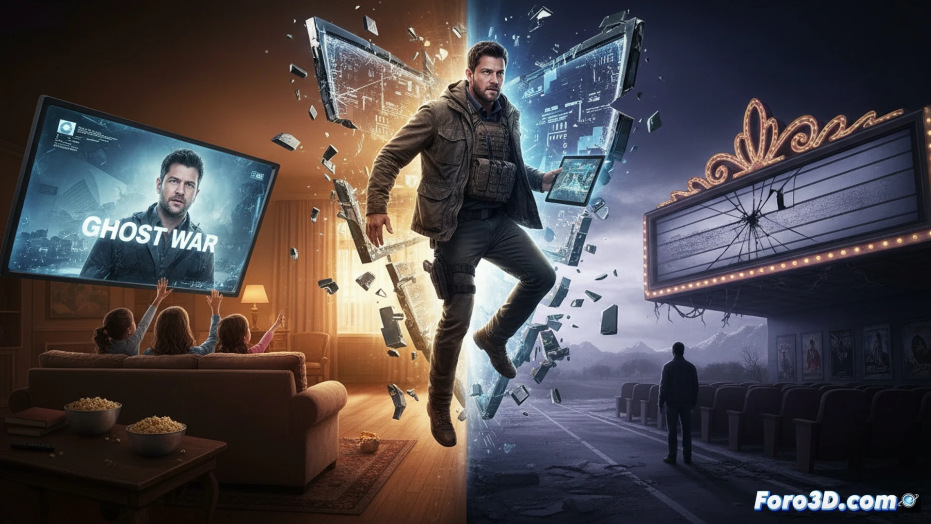 Jack Ryan stands in a dim CIA surveillance room, holographic ghost-like enemy data streams floating around him, tactical gear visible, hand pressing a glowing keyboard, while a digital map of enemy movement pulses on screen, cinematic photorealistic style, cold blue ambient light, smoke haze, tense action moment, ultra-detailed facial expression, high-tech control panels, streaming server racks in background, dramatic shadows, technical espionage atmosphere