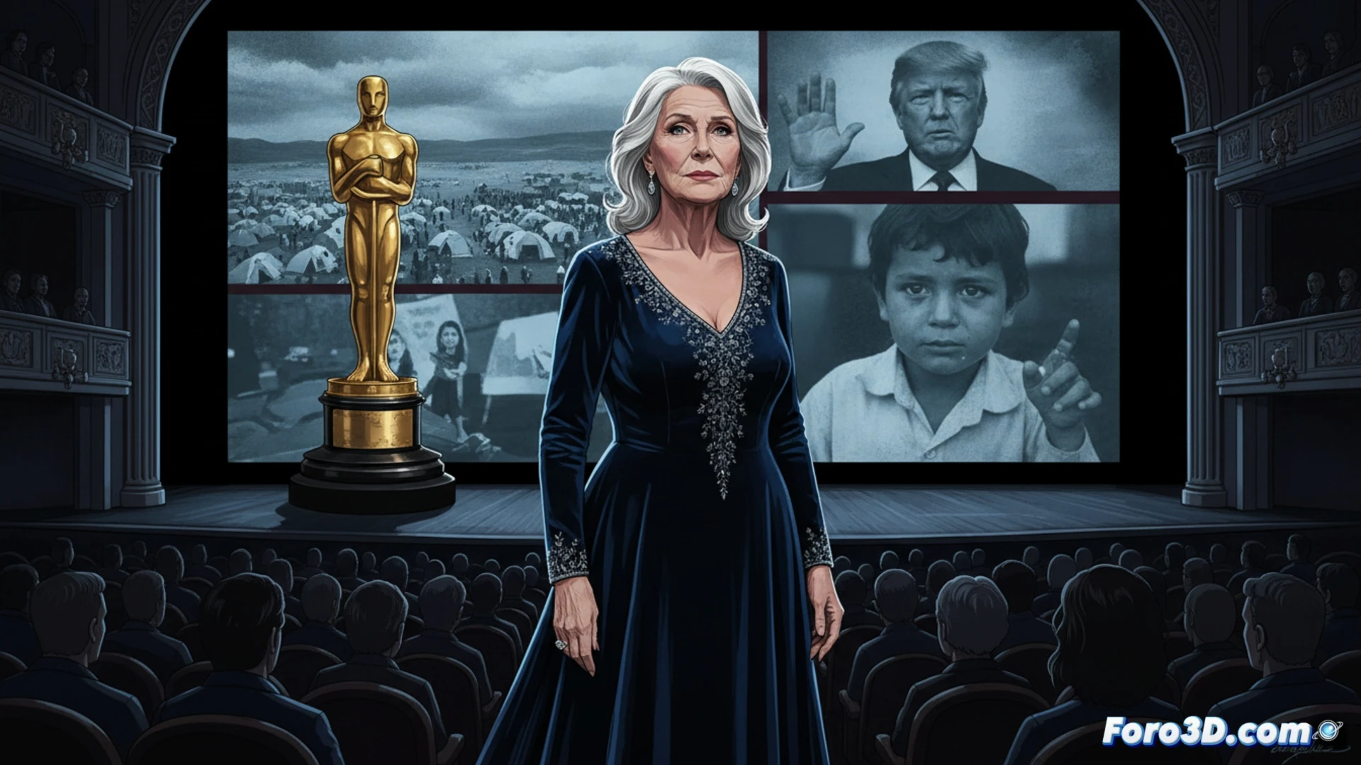 Jacqueline Bisset, seria y elegante, sostiene un micrófono en Zaragoza; su mirada transmite gravedad ante el dolor global.