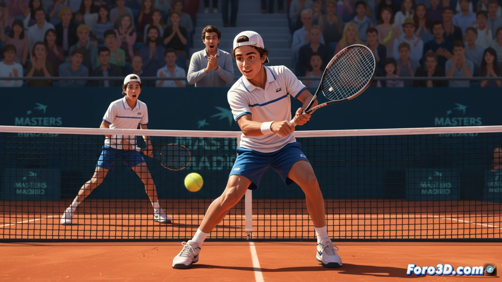 Jaime Alcaraz, en pleno partido sub 16 del Masters de Madrid, replica la dejada de su hermano Carlos, quien observa desde la grada con atención.
