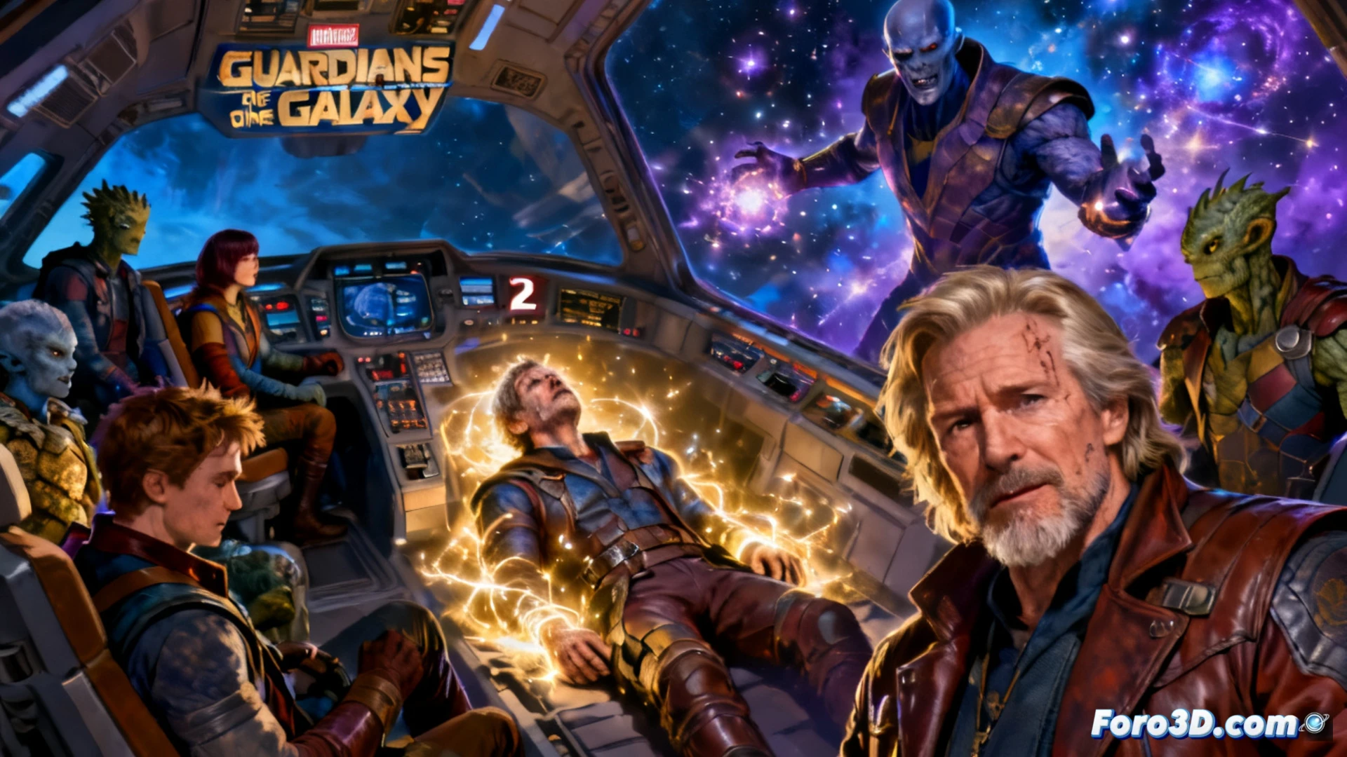 Una viñeta divide la imagen: a la izquierda, los Guardianes del Vol. 1 brillan en el espacio; a la derecha, Yondu y Kurt Russell flanquean el Vol. 2, más sombrío.