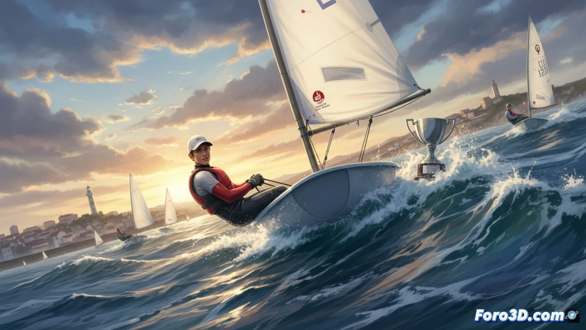 Un joven regatista sonríe en su Optimist, con la Copa de España al fondo y el puerto de Vigo bajo un cielo despejado.