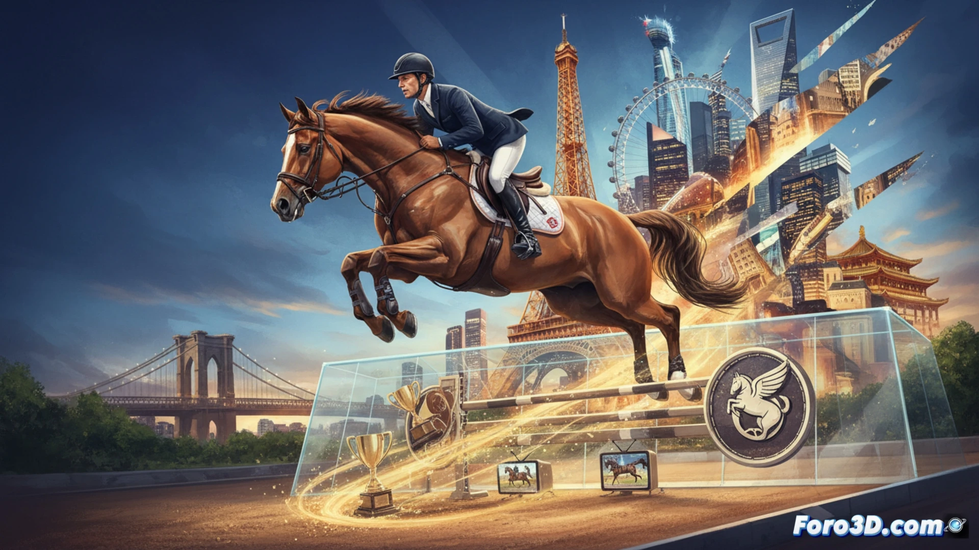 Jan Tops sobre un caballo de salto, con mapa global de ciudades y trofeo brillante al fondo.