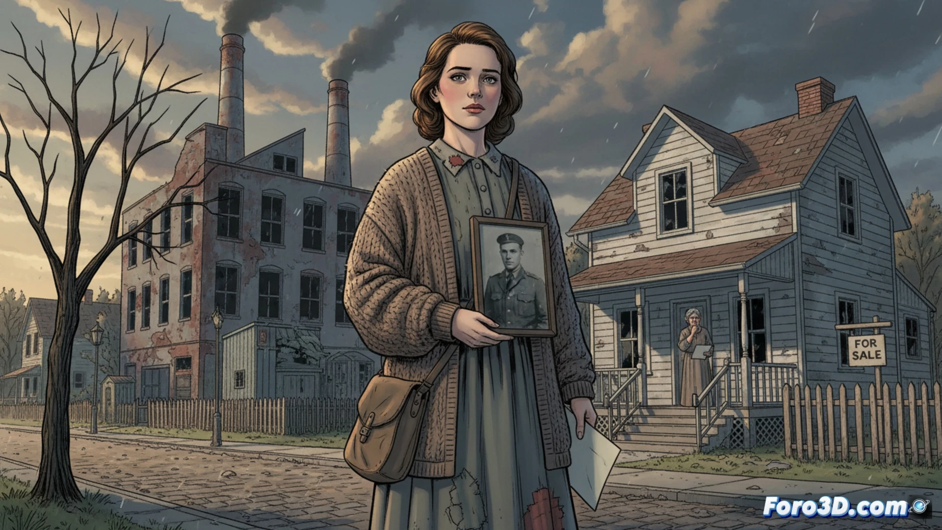 young woman in 1940s workwear standing in empty factory, rivet gun hanging loose from her hand, shadowy silhouette of a soldier fading into smoke behind her, half-finished airplane fuselage in background with scattered blueprints, dust particles floating in dim industrial light, cinematic historical illustration style, muted sepia and grey tones, emotional atmosphere of loss and abandonment, photorealistic character details, worn leather work gloves, metal shavings on concrete floor, dramatic side lighting casting long shadows, realistic period machinery, melancholic stillness during a paused moment of action