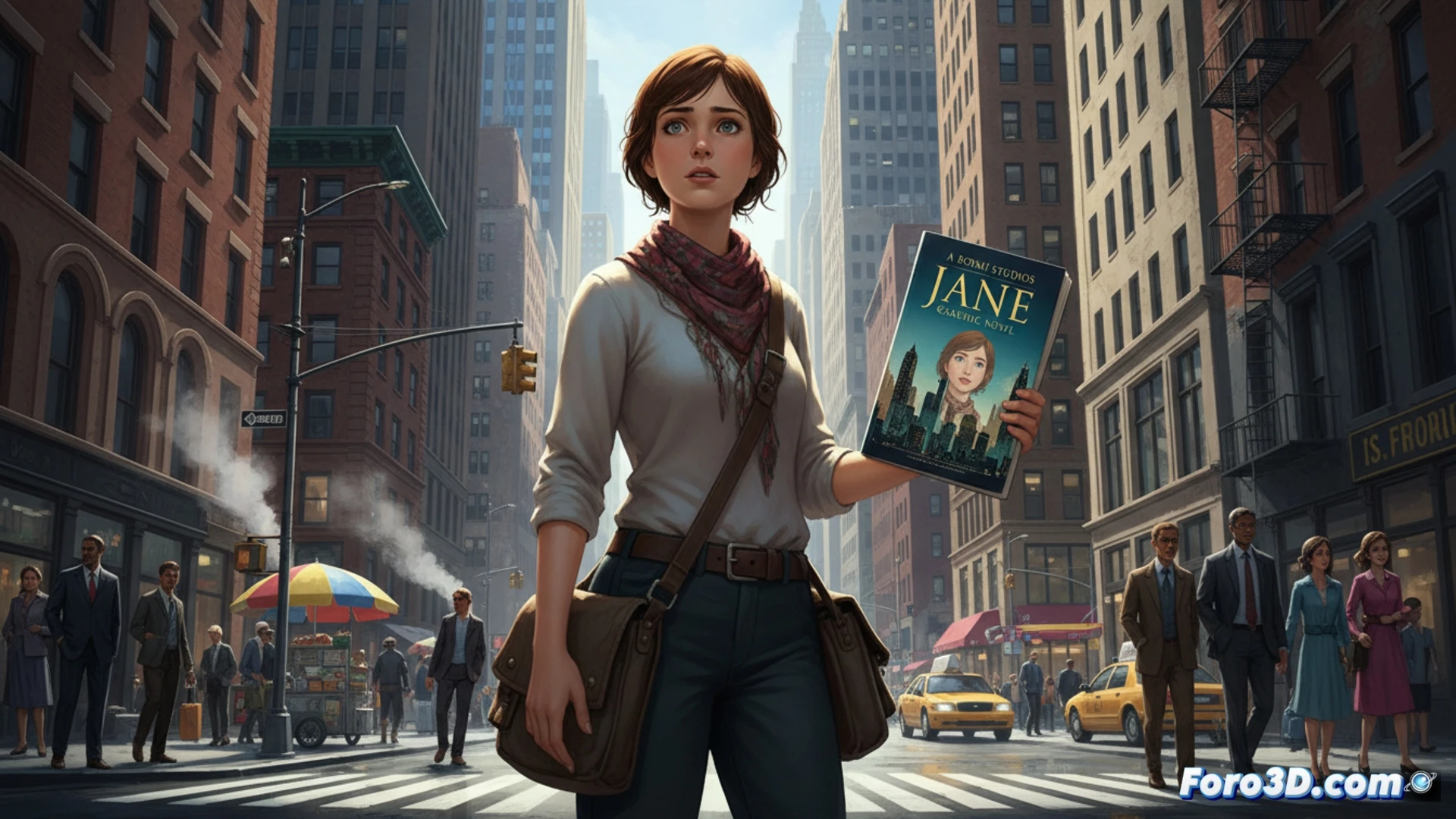 Novela gráfica Jane: heroína victoriana en Manhattan moderno, con rascacielos y arte urbano.