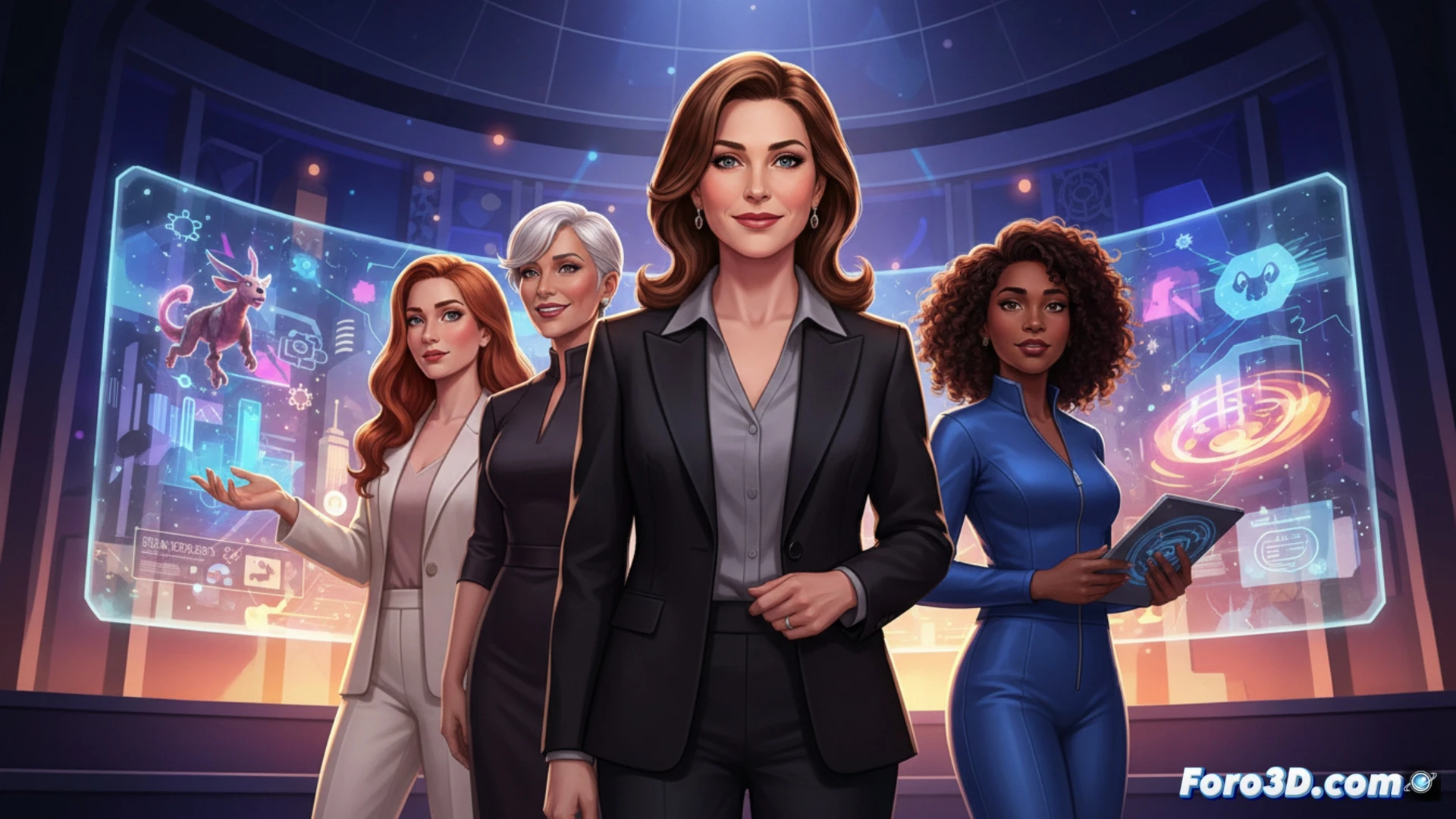 three female executives standing on a futuristic conference stage, holographic interface panels floating around them displaying animation timelines and neural network nodes, Janet Lewin gesturing toward a glowing 3D model of a Mandalorian helmet made of digital wireframes, second executive manipulating a real-time particle simulation of a Star Wars starship exploding into sparks, third executive pointing at an AI-generated creature design evolving on a transparent touchscreen, cinematic photorealistic style, dramatic blue and purple volumetric lighting, stage floor reflecting digital grids, audience silhouettes blurred in background, professional tech conference atmosphere, ultra-detailed textures on clothing and holograms, motion blur on interactive gestures, high-end visual effects industry aesthetic