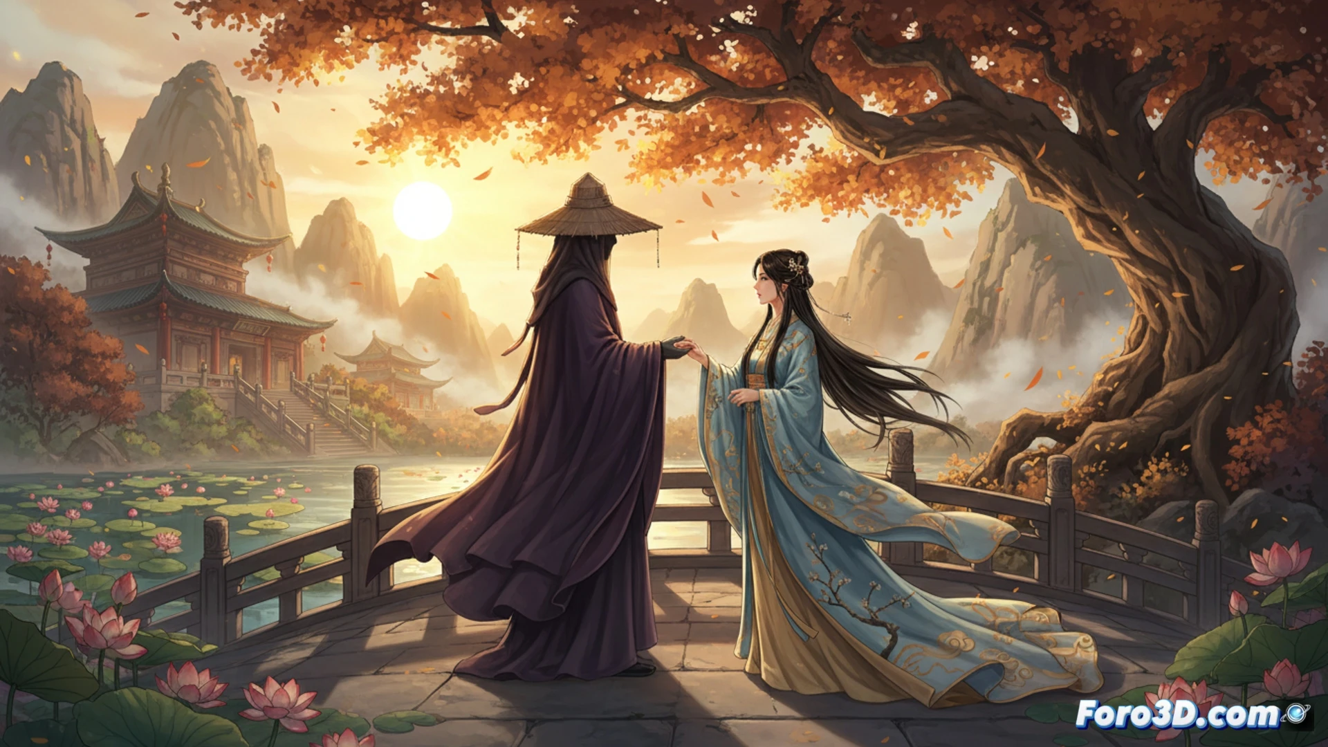 Una pareja en la antigua China: un segador con túnica roja y un alma llamada Waiting, abrazados bajo sauces, con mariposas y estilo pictórico sin líneas.