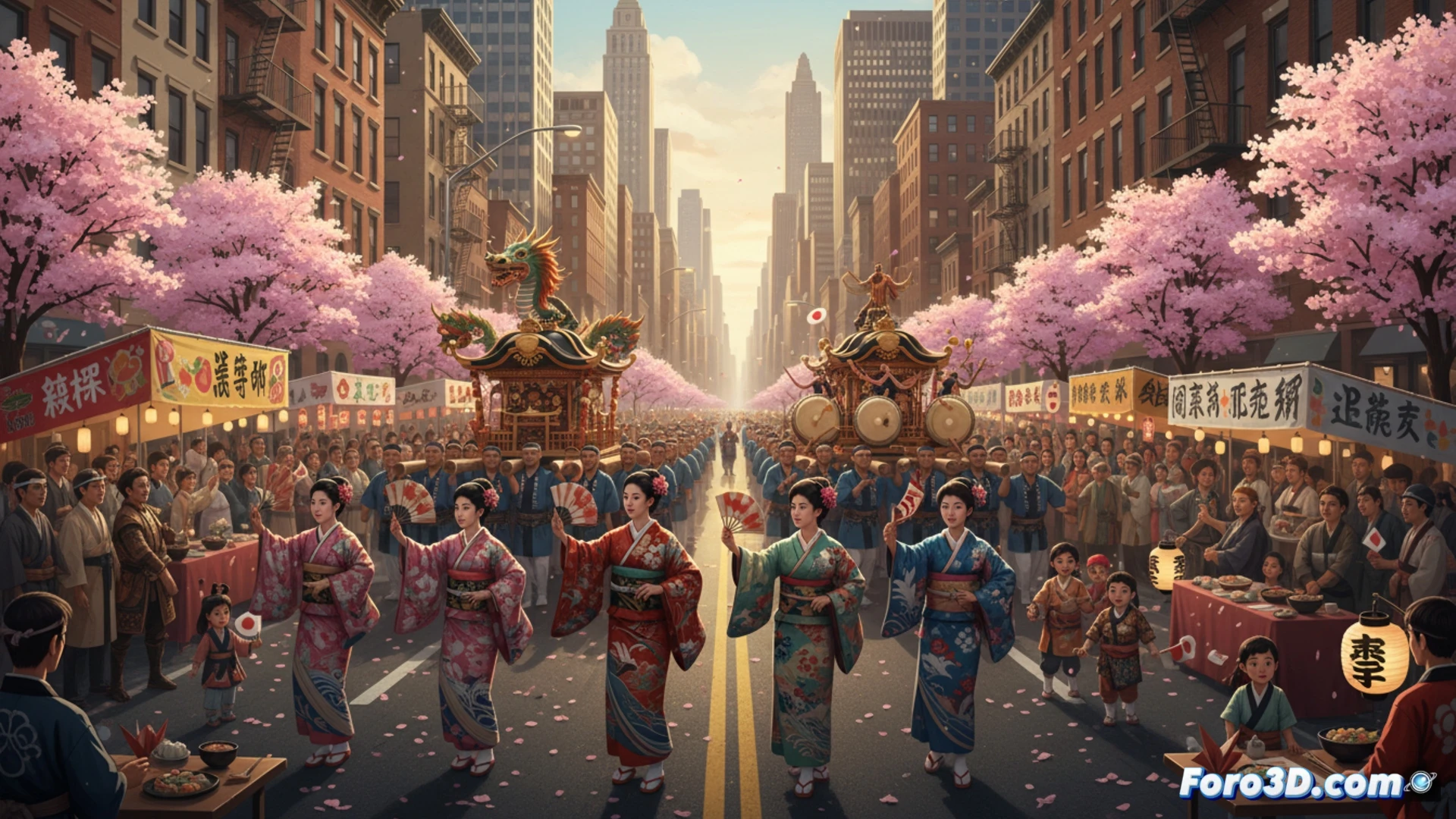 Un desfile vibrante en Nueva York con carrozas decoradas, bailarines en kimonos y carteles de prefecturas japonesas, rodeados de una multitud festiva.