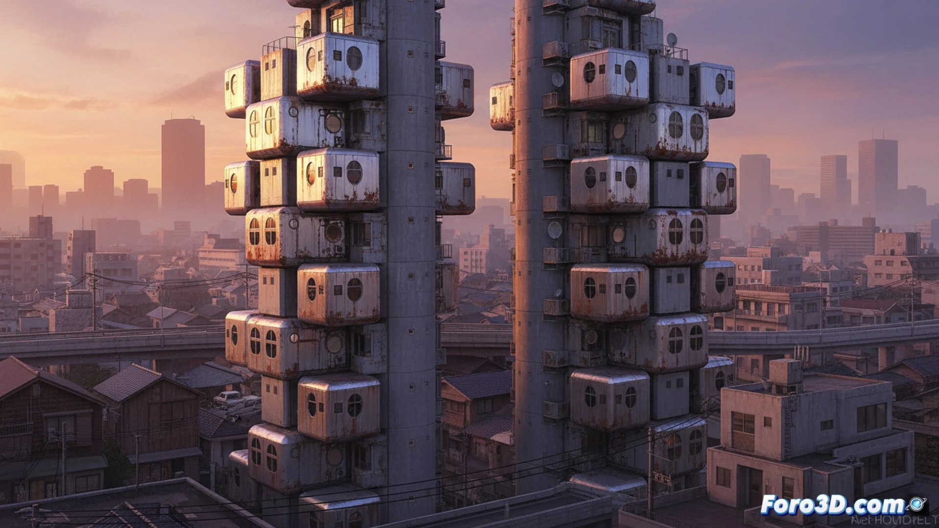 Nakagin Capsule Tower facade at sunset, rust streaks bleeding from metal joints onto concrete, two corroded capsules being removed by a hydraulic crane during structural decay, exposed wiring dangling from empty slots, oxidized bolts contrasting with faded white panels, cinematic photorealistic engineering visualization, dramatic shadows from low sun highlighting peeling paint, cracked circular windows reflecting empty sky, industrial decay aesthetic, ultra-detailed metallic textures, melancholic futuristic ruin atmosphere