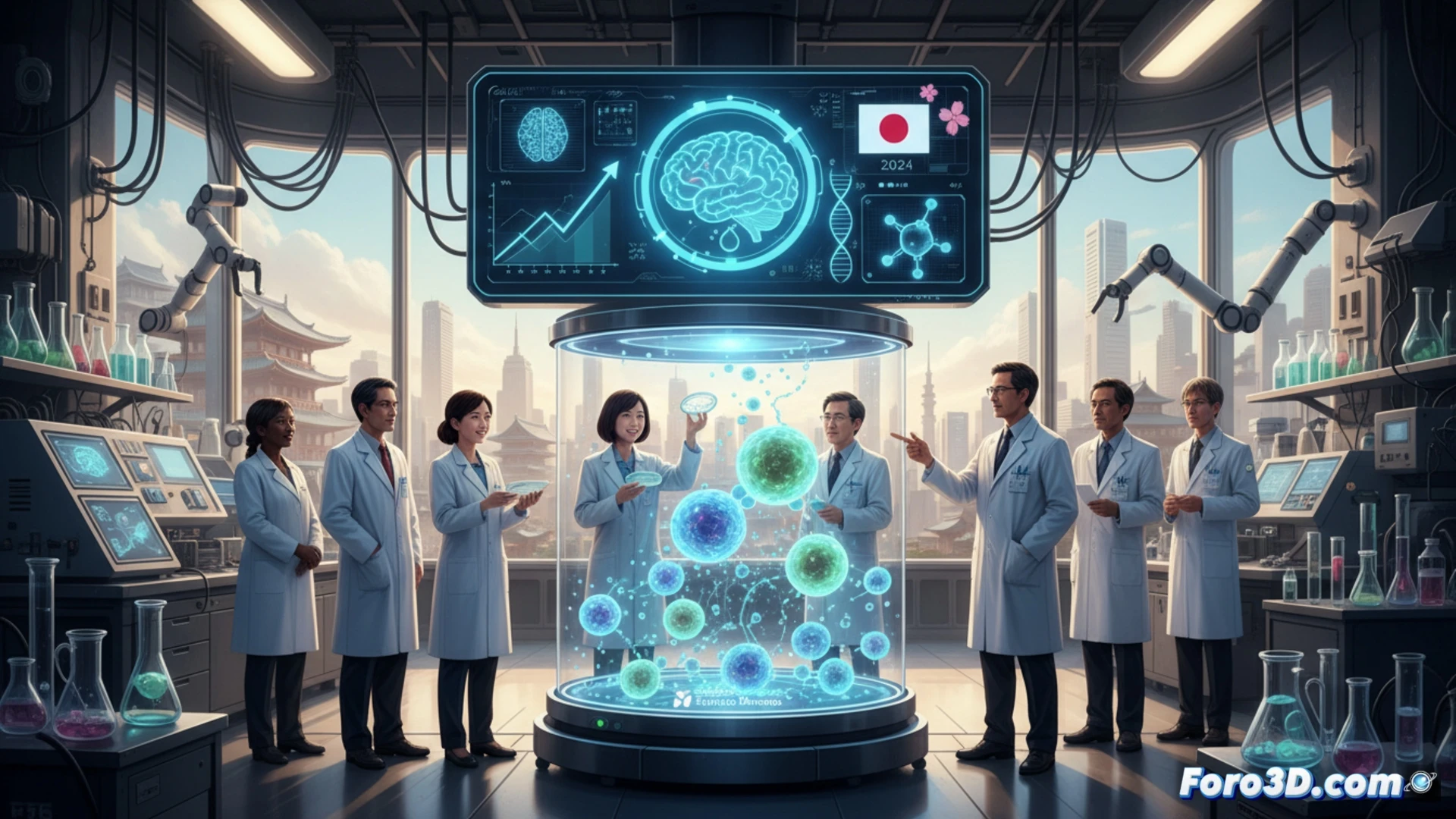 Microscopio sobre células iPS doradas; fondo azul claro; jeringa y logo de Sumitomo Pharma.