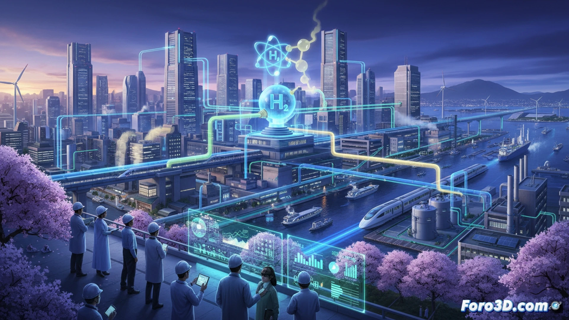 Una planta industrial japonesa futurista con tanques blancos de hidrógeno y amoníaco, rodeada de tuberías y un cielo despejado, simbolizando la transición energética limpia.