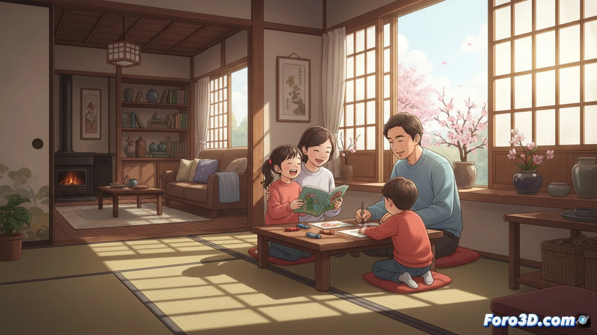 Japanese child in a sunlit tatami room, sitting next to a wooden kotatsu table while a smiling adult female caregiver kneels beside them, holding a warm cup of tea, both hands gently touching a soft blanket, warm amber lighting, shoji screens in background, cozy domestic atmosphere, cinematic photorealistic style, emotional connection during a temporary foster care stay, traditional Japanese home interior, soft focus on child’s relieved expression, no text or numbers, ultra-detailed textures on wood and fabric