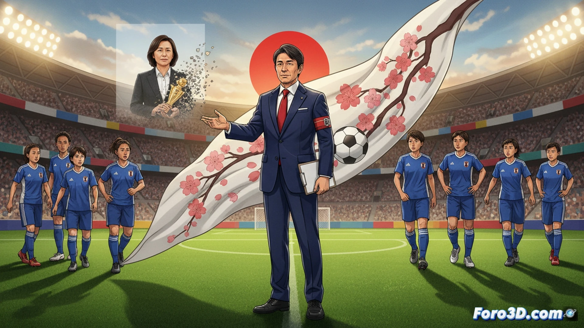 Japanese football coach Michihisa Kano standing at a tactical whiteboard during a training session, pointing at complex formation diagrams while holding a tablet showing player statistics, Nadeshiko Japan players in blue uniforms practicing on a field behind him through a glass window, technical engineering visualization, photorealistic style, bright stadium lighting, detailed tactical notes and digital interface, coaching tools scattered on a table including a laptop with match analysis software, dynamic action of explaining a play, cinematic composition, deep focus, professional sports environment