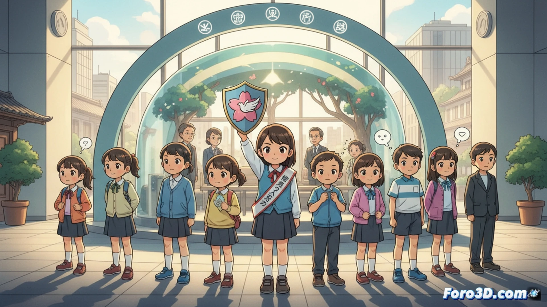 Un niño japonés sonríe mientras habla con un defensor en una oficina acogedora, lejos de la escuela.