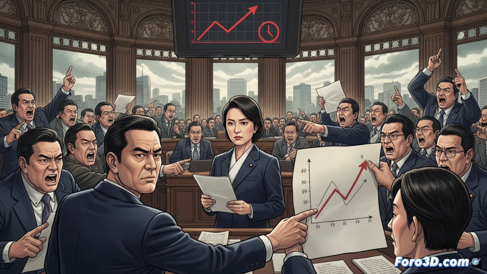 Primera ministra Takaichi, seria, ante micrófonos en el parlamento, con gráficos de inflación al fondo y oposición señalando.
