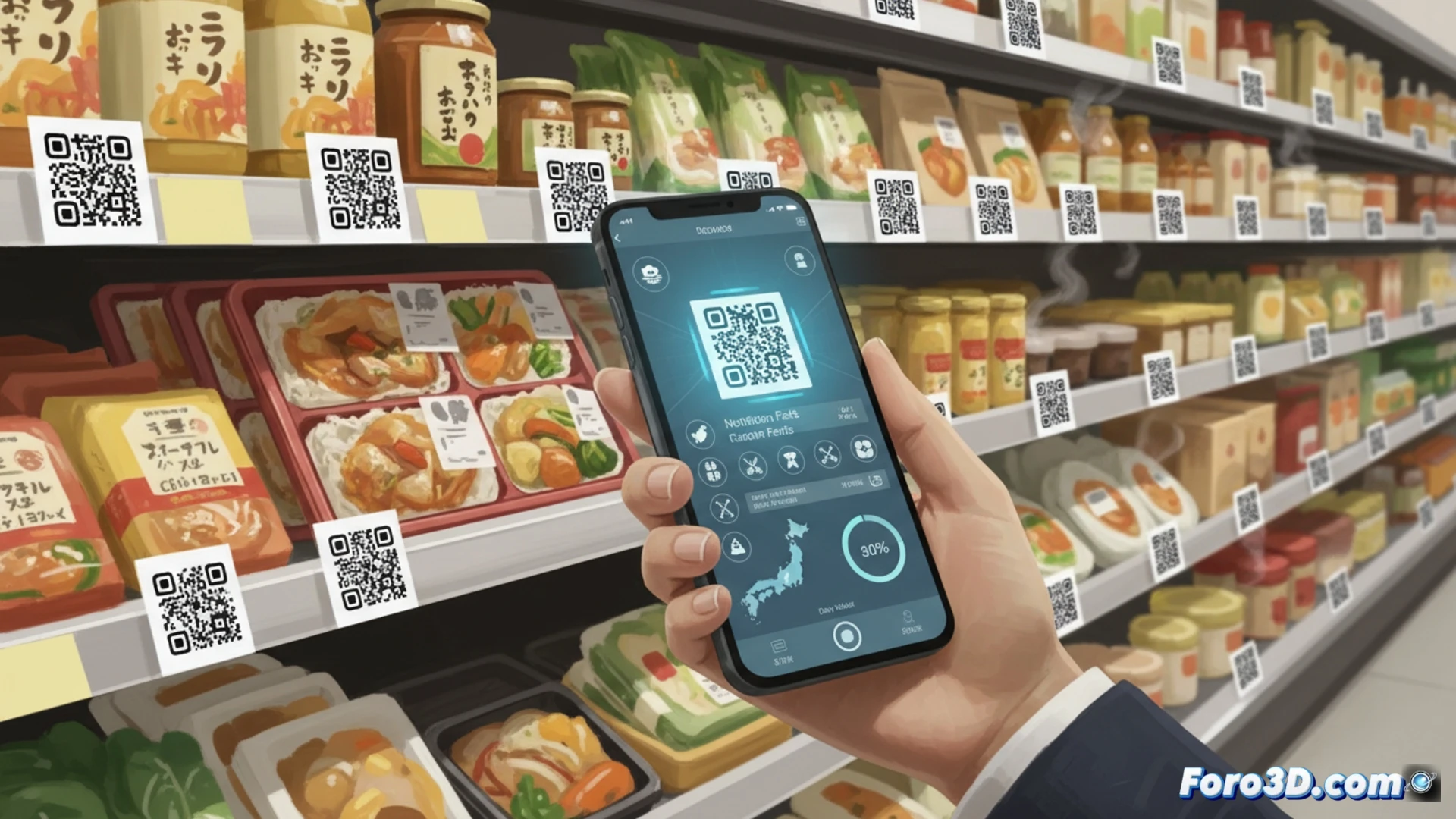 Manos escanean con móvil un código QR en etiqueta de alimento japonés, mostrando datos nutricionales digitales en pantalla.