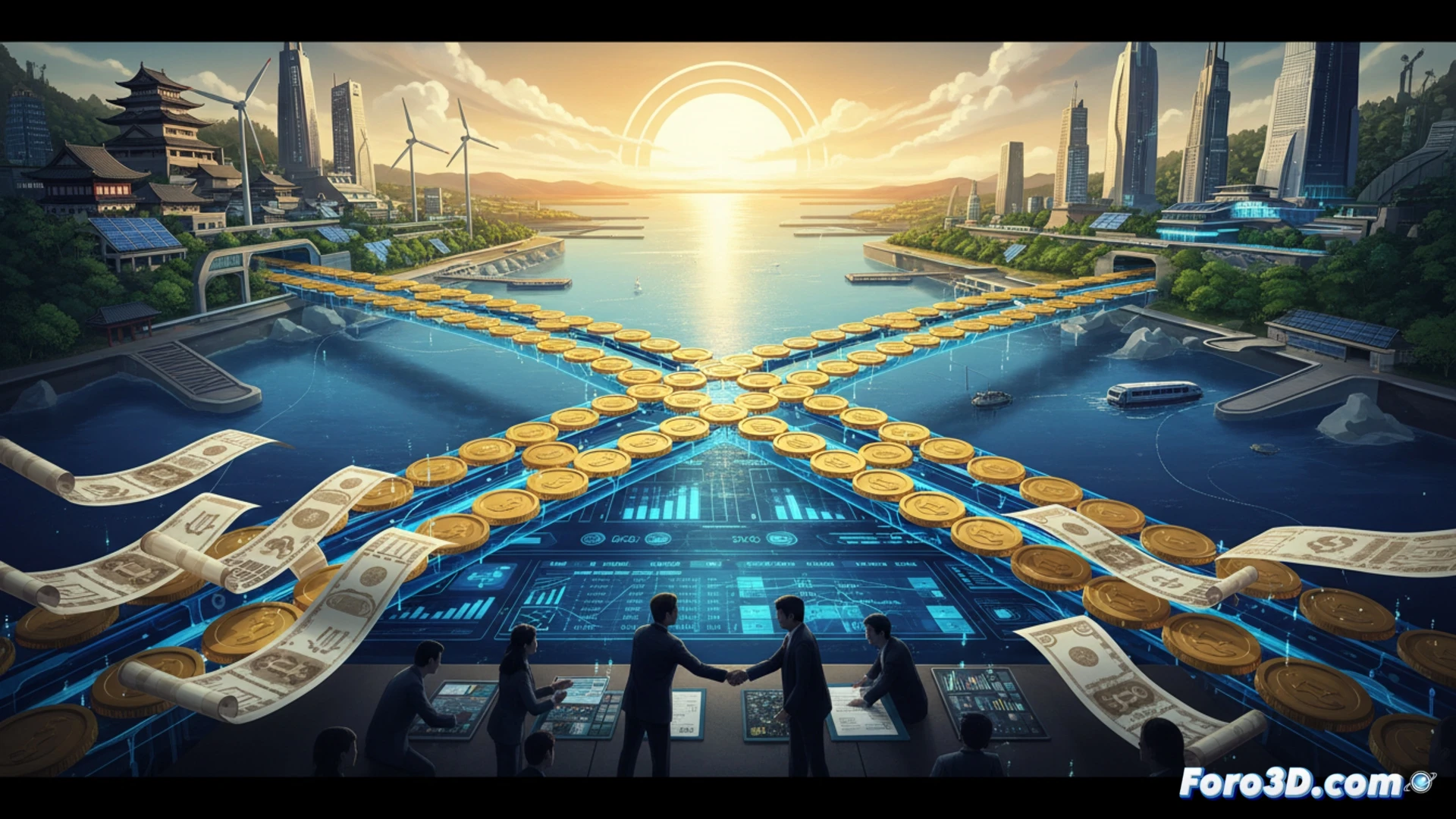 Japanese government bond certificate being digitally signed on tablet by official in suit, bridge construction blueprint overlay with glowing financial graphs, holographic yen symbols flowing from document to infrastructure project, cinematic technical illustration, polished mahogany desk, minimalist government office background, soft blue LED lighting, photorealistic financial technology render, hands demonstrating signature process while data streams connect bond issuance to bridge pillars under construction