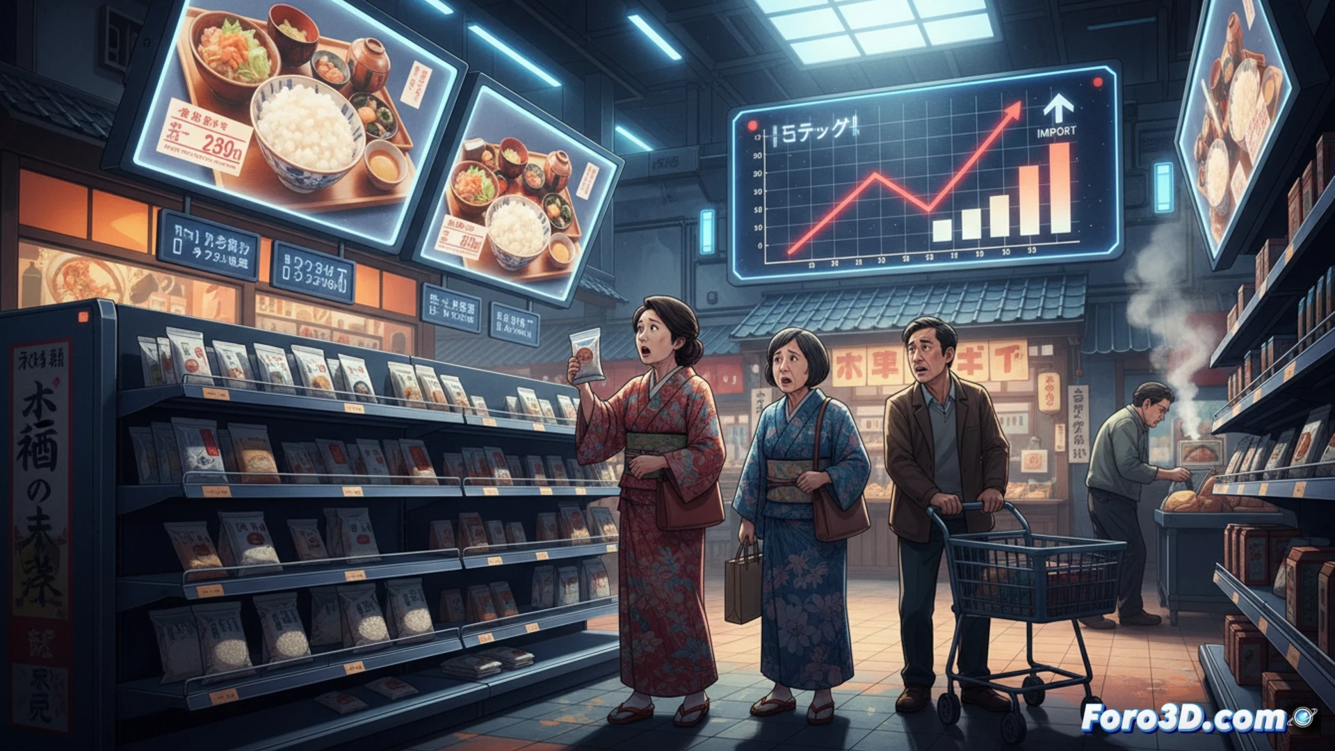 japanese rice market crisis scene, supermarket shelves half-empty with price tags showing sharp increases, worried shoppers comparing imported rice bags while domestic rice section is depleted, government official in suit examining import documents and price charts on a tablet, photorealistic engineering visualization, bright fluorescent store lighting, detailed rice packaging textures, economic data graphs on digital displays in background, dramatic shadows emphasizing scarcity, ultra-detailed product labels and currency symbols, cinematic documentary style