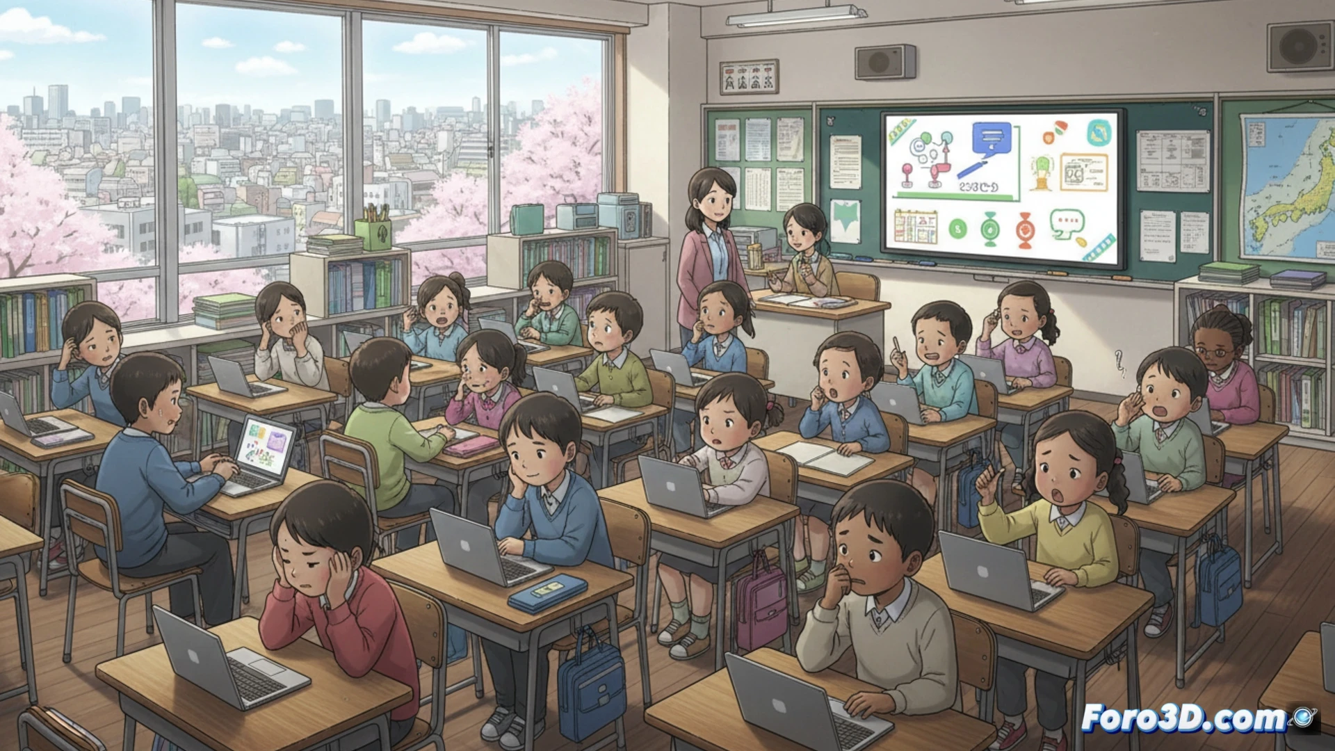 Japanese elementary classroom scene, multilingual students sitting at desks while a teacher uses a digital tablet to demonstrate hiragana characters on an interactive whiteboard, a child holding a translation earpiece, another student pointing at a Japanese dictionary app on a tablet, schoolbags with language textbooks visible, diverse ethnicities in school uniforms, warm fluorescent classroom lighting, photorealistic educational documentary style, shallow depth of field focusing on teacher and student interaction, cultural integration moment, ultra-detailed facial expressions showing concentration and curiosity