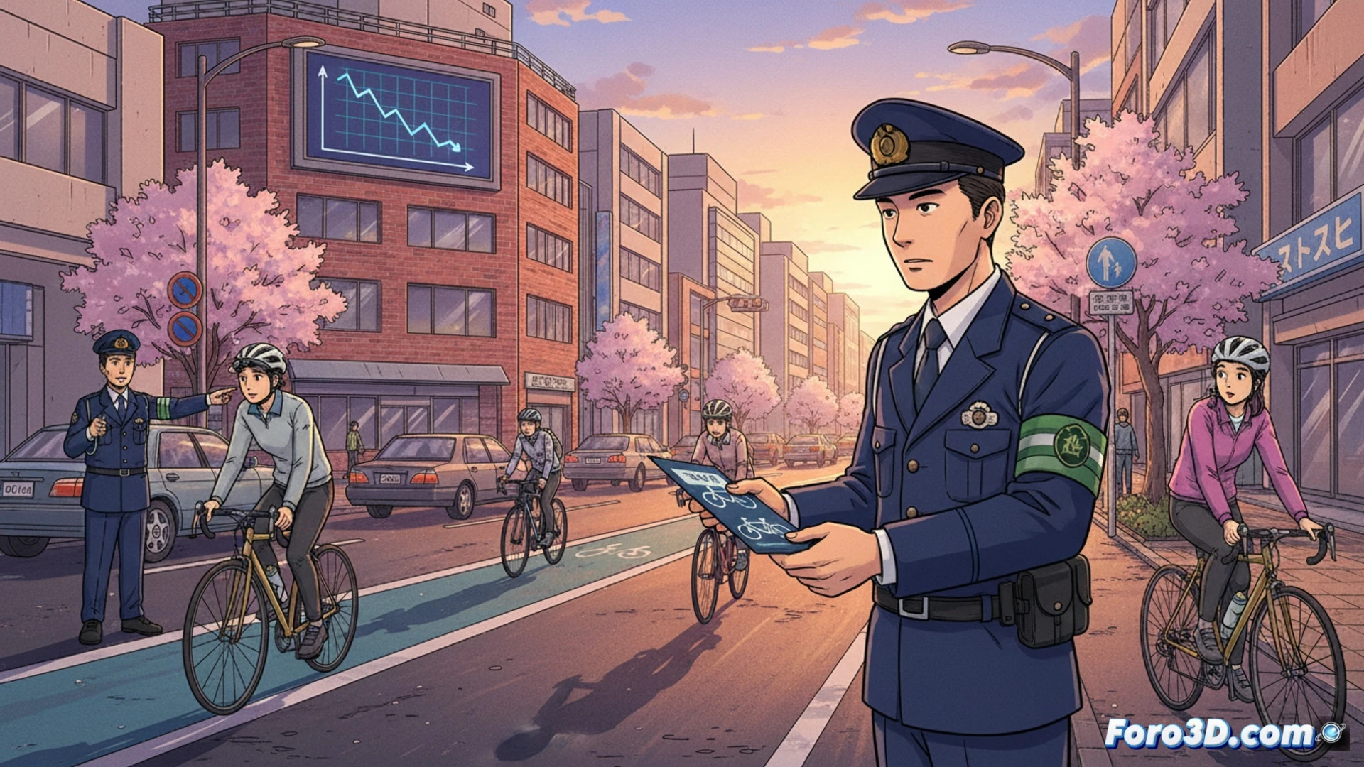 Oficial de policía en Aichi, Japón, entrega boleta azul a ciclista en calle urbana con bicicletas y tráfico.