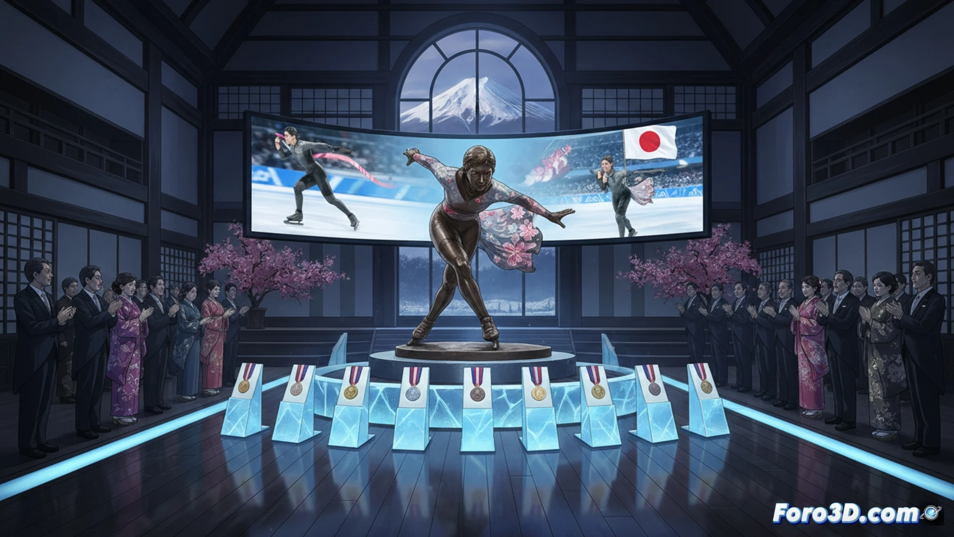 Japón estudia homenaje a Miho Takagi, leyenda del patinaje: Miho Takagi en plena acción sobre la pista de hielo, patines de cuchilla metálica trazando curvas precisas, brazos balanceándose rítmicamente durante un sprint de velocidad, marcas de patinaje visibles en la superficie helada, fondo con gradas vacías y banderas japonesas ondeando suavemente, estilo cinematográfico realista, iluminación dramática desde arriba, reflejos en el hielo, textura del filo de los patines, movimiento congelado en máxima extensión, photorealistic sports illustration