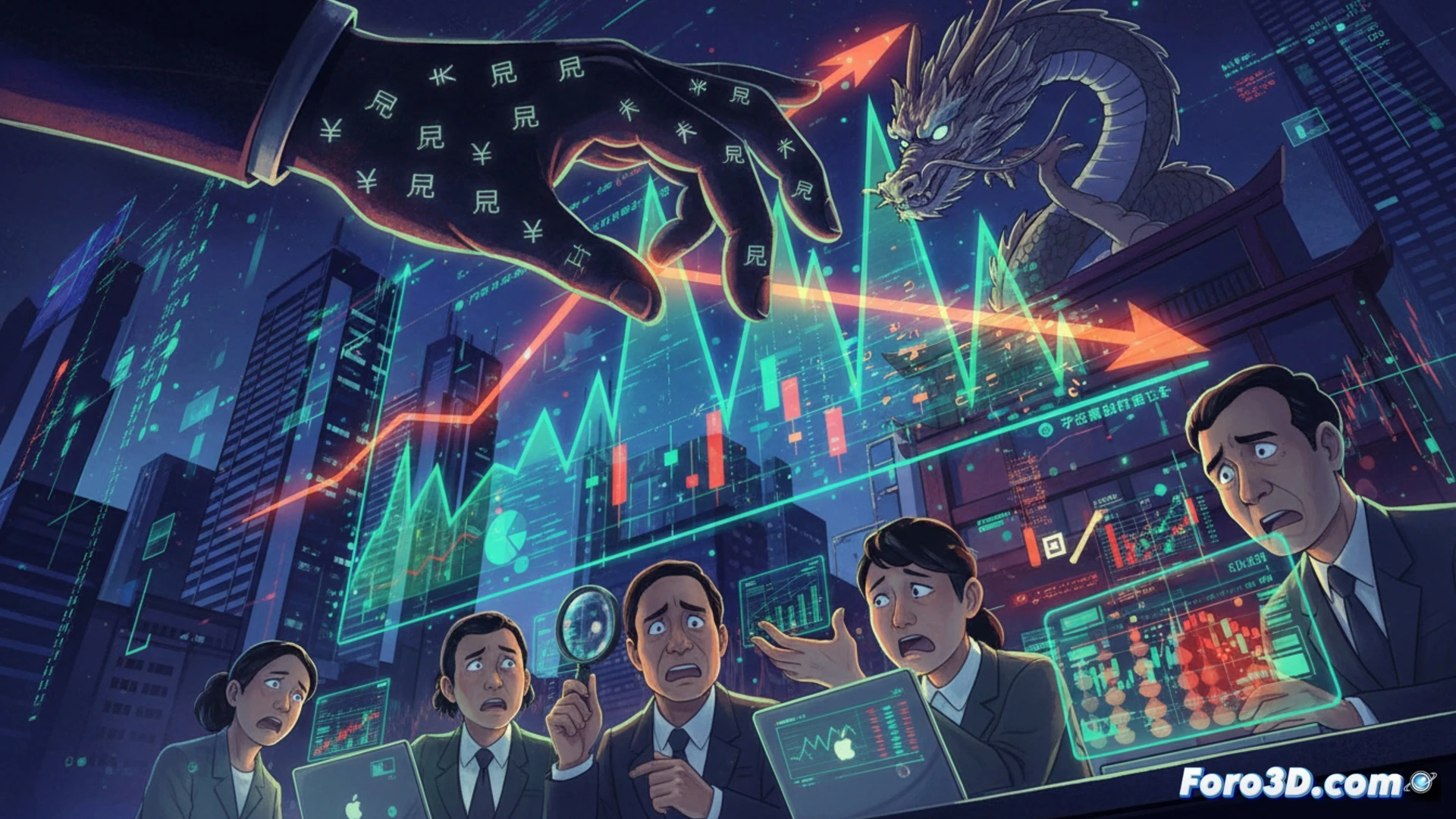 Japanese yen banknote being pulled by visible strings from above, currency exchange screens showing sudden price spikes, traders hands hovering over keyboards in shock, multiple monitors displaying candlestick charts with sharp drops, Bank of Japan building silhouette in background, dark trading floor atmosphere, dramatic spotlight on yen symbol, cinematic technical visualization, photorealistic financial scene, motion blur on currency movement, glowing red and green lines on screens, ultra-detailed office equipment, tense professional lighting