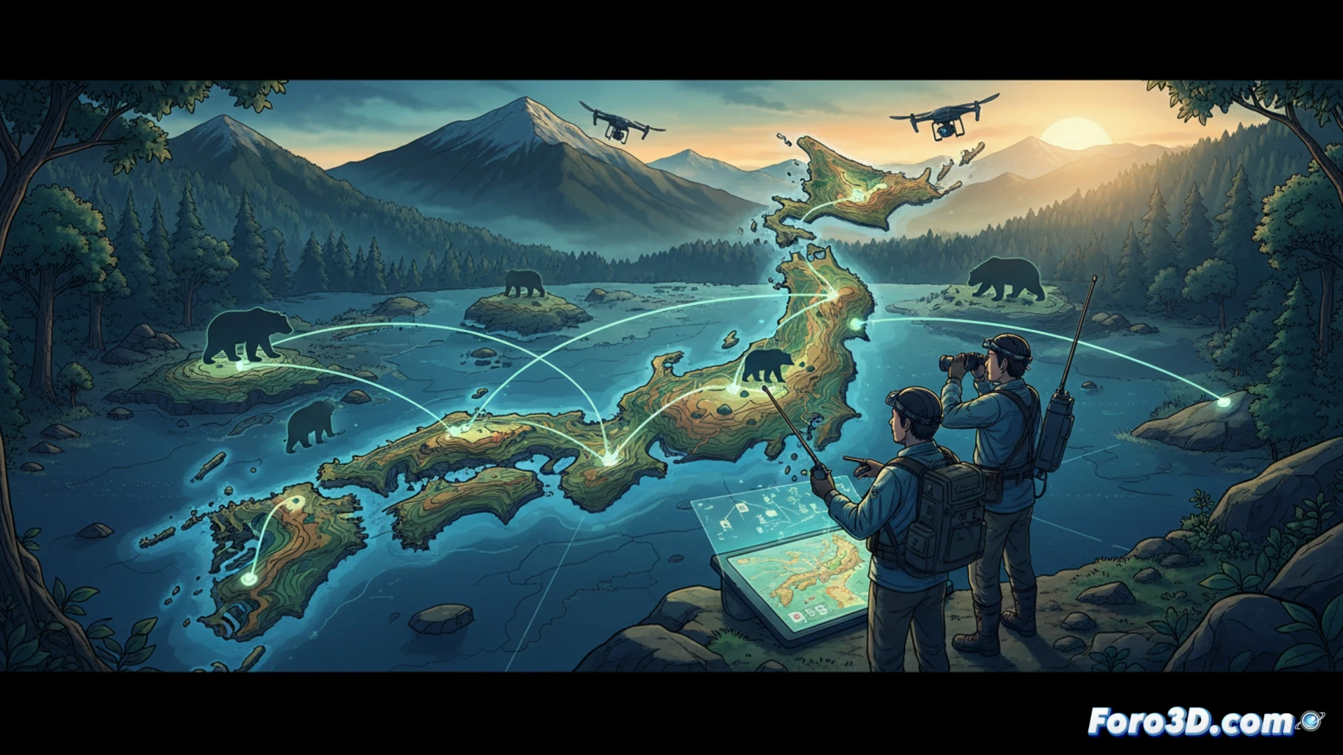 Japanese brown bear crossing a forest road at dusk in Niigata prefecture, bear stepping over a wooden wildlife monitoring bridge equipped with infrared trail cameras and motion sensors, GPS tracking collar visible around the bear neck, map interface projected as holographic overlay showing bear migration routes between Tohoku and Niigata, autumn foliage background, cinematic technical visualization, realistic fur texture, glowing data points along animal path, soft mist rising from ground, photorealistic engineering render