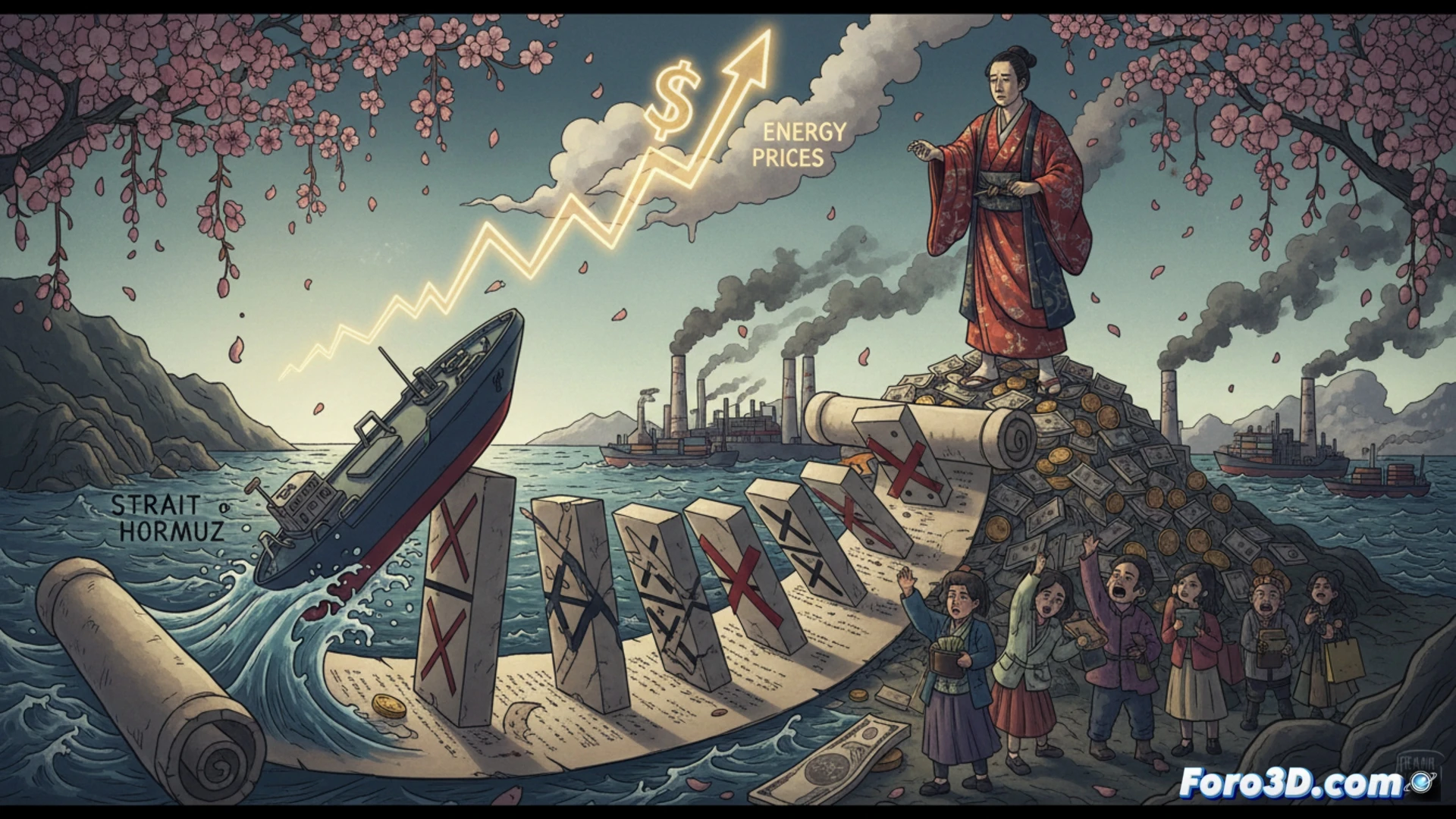 Japanese industrial port at sunset, massive cargo ship docked with containers, oil tanker halted mid-strait, crane arm frozen mid-motion while supply chain graph on nearby monitor shows red spike, shipping containers stacked with warning stripes, fuel price display board flickering crisis numbers, dashboard gauges showing rising costs, photorealistic engineering visualization, high-contrast industrial lighting, metallic reflections on ship hull, smoke from refinery stacks, dramatic sky with storm clouds, ultra-detailed mechanical structures, cinematic wide-angle shot