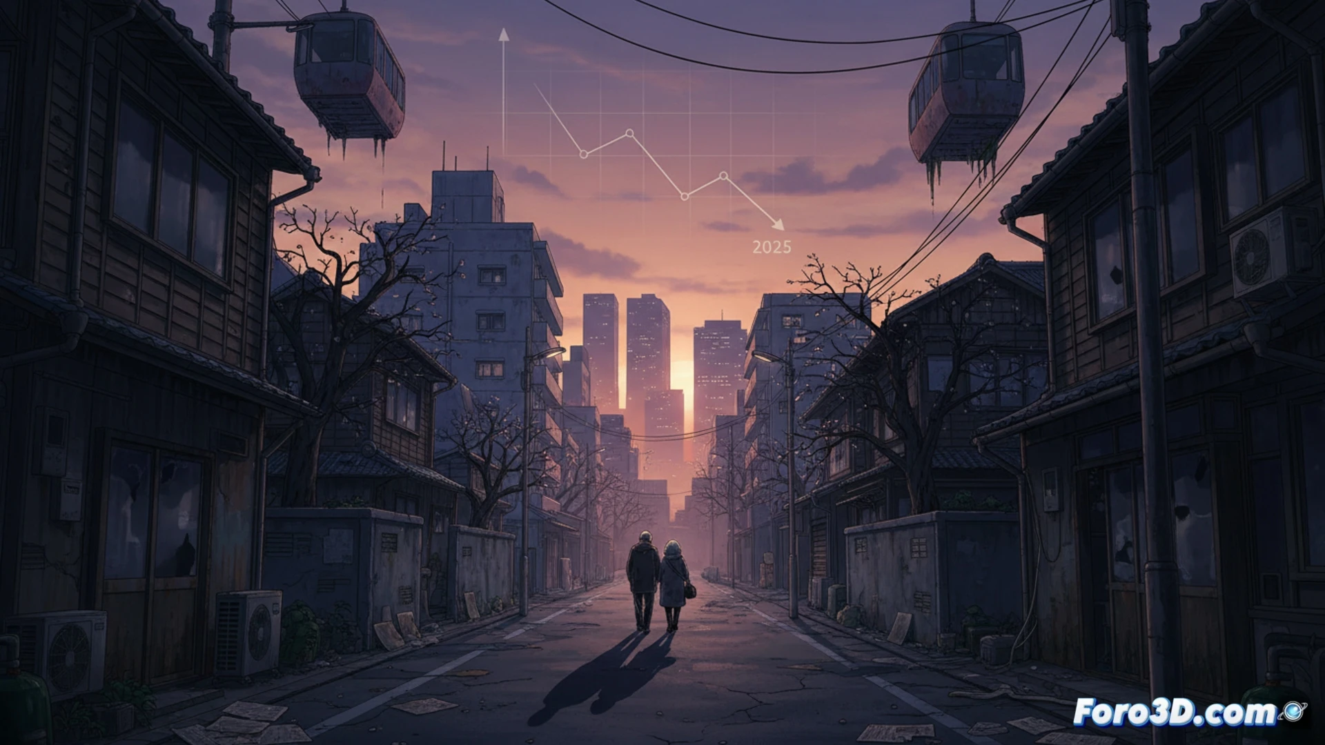 Aerial view of a Japanese cityscape at dawn, abandoned factory smokestacks idle while a crowded elderly care facility bus stops at a deserted intersection, young worker figures walking away from a shuttered office building, technical demographic visualization with heatmap overlays showing shrinking workforce zones, realistic urban decay textures, cold blue-gray lighting, dust particles in still air, cinematic photorealistic render, economic decline atmosphere, empty train platforms in background, high-angle wide shot demonstrating population contraction