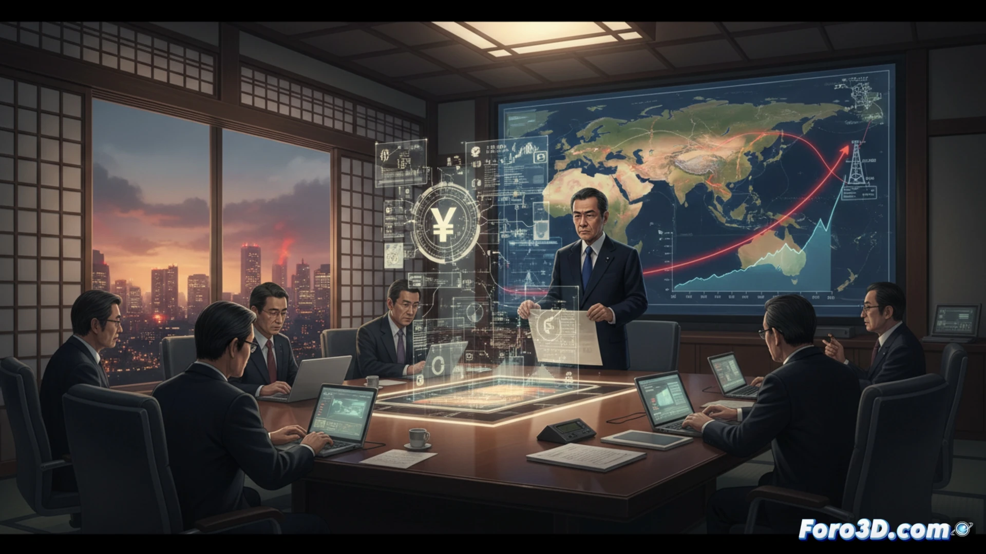 Japanese prime minister Takashi standing at parliamentary podium, hand gesturing toward holographic energy price graph showing sharp upward trend, opposition politicians in dark suits seated with stern expressions, large digital map of Middle East displayed on screen with red tension markers, oil barrel icons and rising flame symbols, photorealistic political chamber scene, dramatic overhead lighting, polished wooden desks, microphones, documents scattered, serious atmosphere, cinematic wide-angle shot, ultra-detailed textures, realistic parliamentary setting