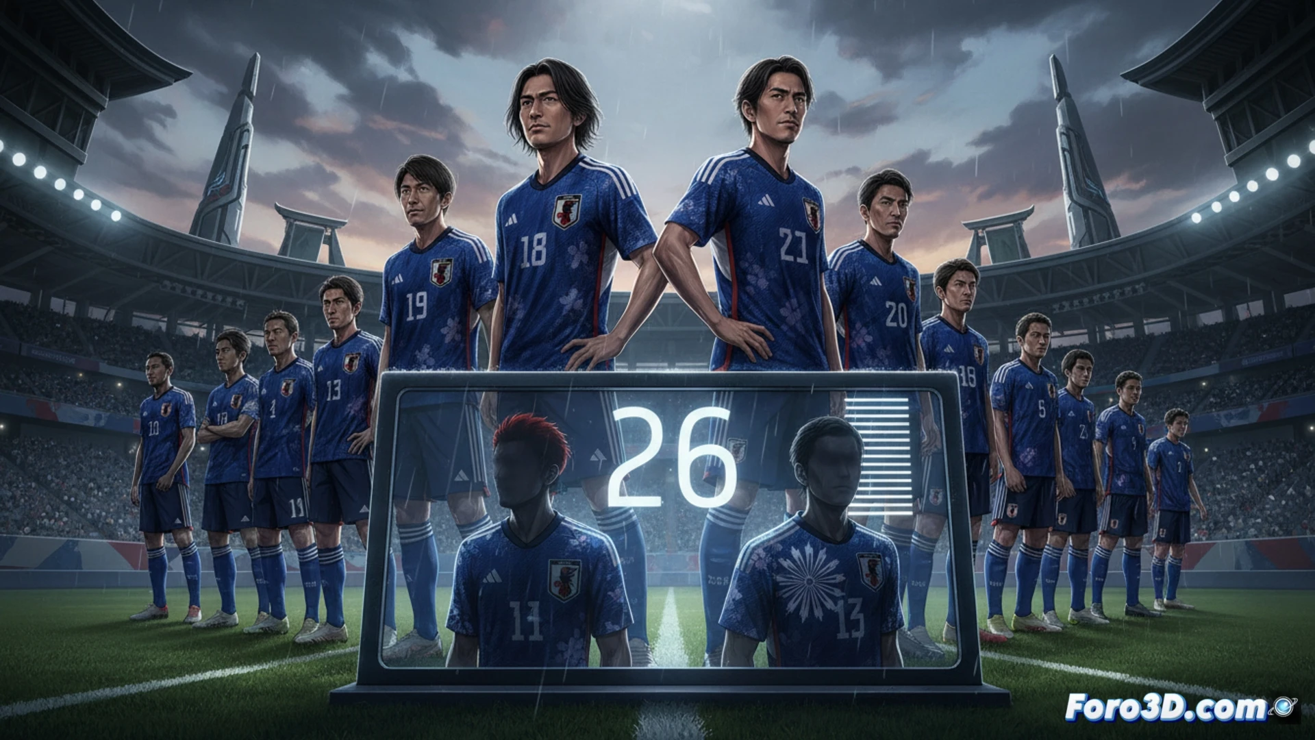 Japan national football team official squad announcement graphic, 26 player silhouettes arranged in formation on a digital tactical board, two empty slots marked with red injury icons where Mitoma and Minamino would stand, Takefusa Kubo and Ritsu Doan highlighted with glowing blue outlines at the front, tactical arrows showing attacking movements, professional sports data visualization interface, holographic football pitch projection underneath, cinematic technical illustration, dark studio lighting with blue and red accent lights, ultra-detailed player stat overlays, photorealistic sports broadcast style