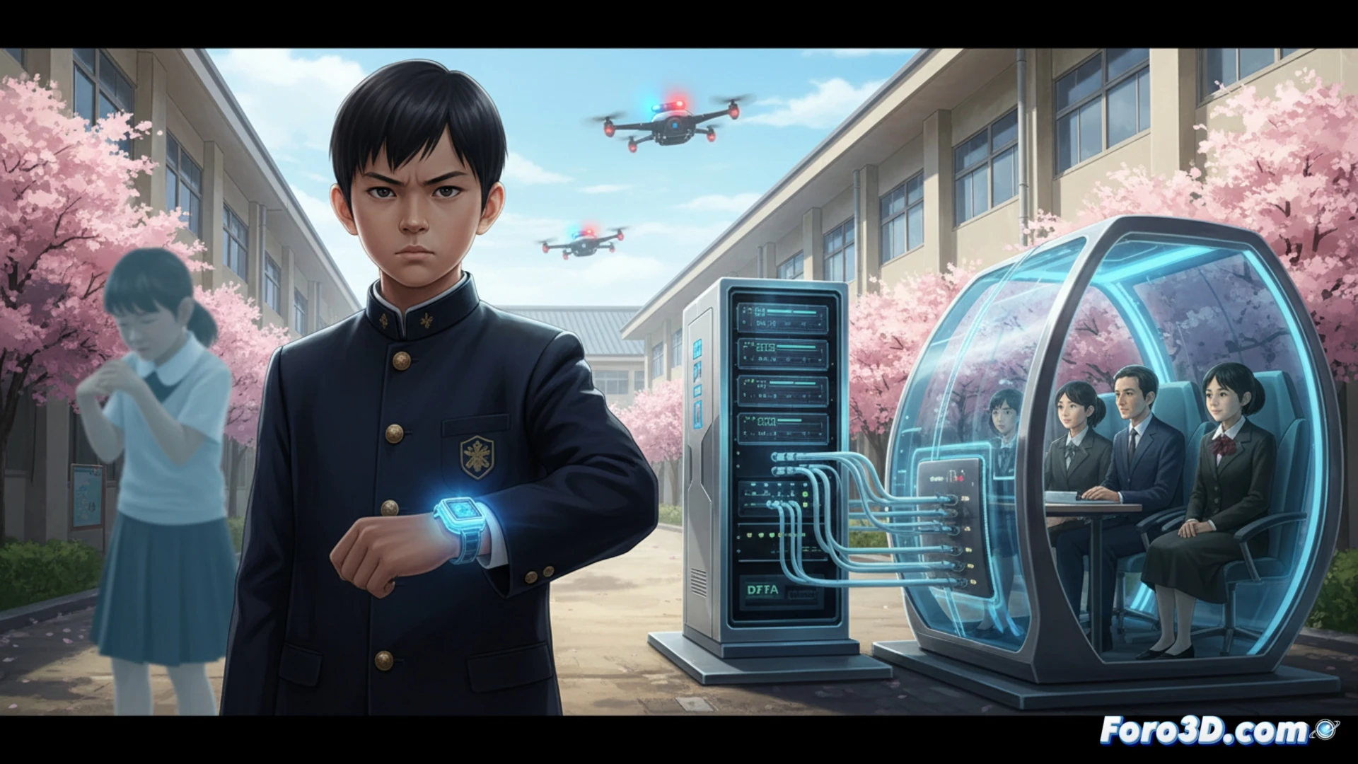 Japanese school hallway scene, a student wearing a GPS ankle monitor while sitting in a therapist office, psychologist holding a tablet showing behavioral tracking data, school principal observing through a glass window, technical illustration style, clean white walls, medical equipment visible, monitoring dashboard on a wall screen displaying real-time location and therapy progress, cinematic lighting with soft shadows, photorealistic render, precise anatomical details of the tracking device strapped to the ankle, demonstrating the mandatory psychological treatment process during a counseling session, ultra-detailed hardware components of the GPS unit