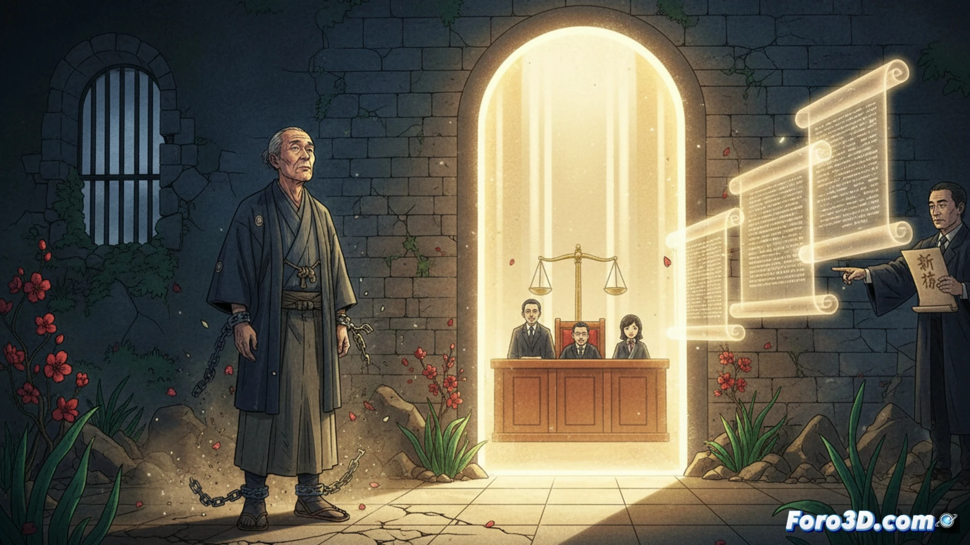 Escena de tribunal japonés: juez golpea mazo sobre expediente de Iwao Hakamada, con calendario marcando 2024 y sombras de 44 años de rejas.