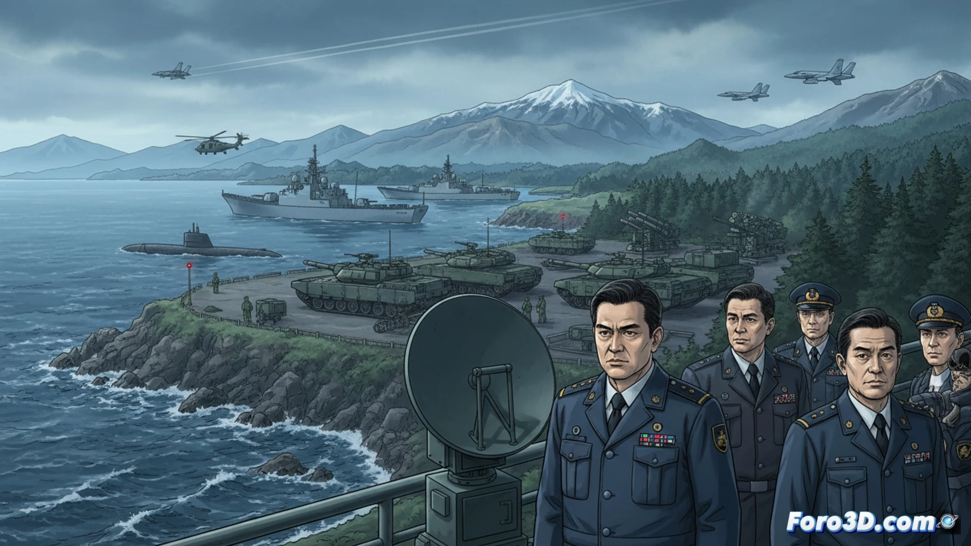 Japanese Self-Defense Force radar installation on Hokkaido coastline during a live monitoring operation, technical operators adjusting phased-array antenna angles while tracking simulated aerial threats, coastal defense missile launchers in standby position, snow-covered terrain and distant Russian military aircraft silhouettes on radar screens, cinematic military engineering visualization, cold blue-grey lighting, metallic radar dish reflections, tactical command center interior visible through open hatch, ultra-detailed electronic warfare equipment, photorealistic defense technology render