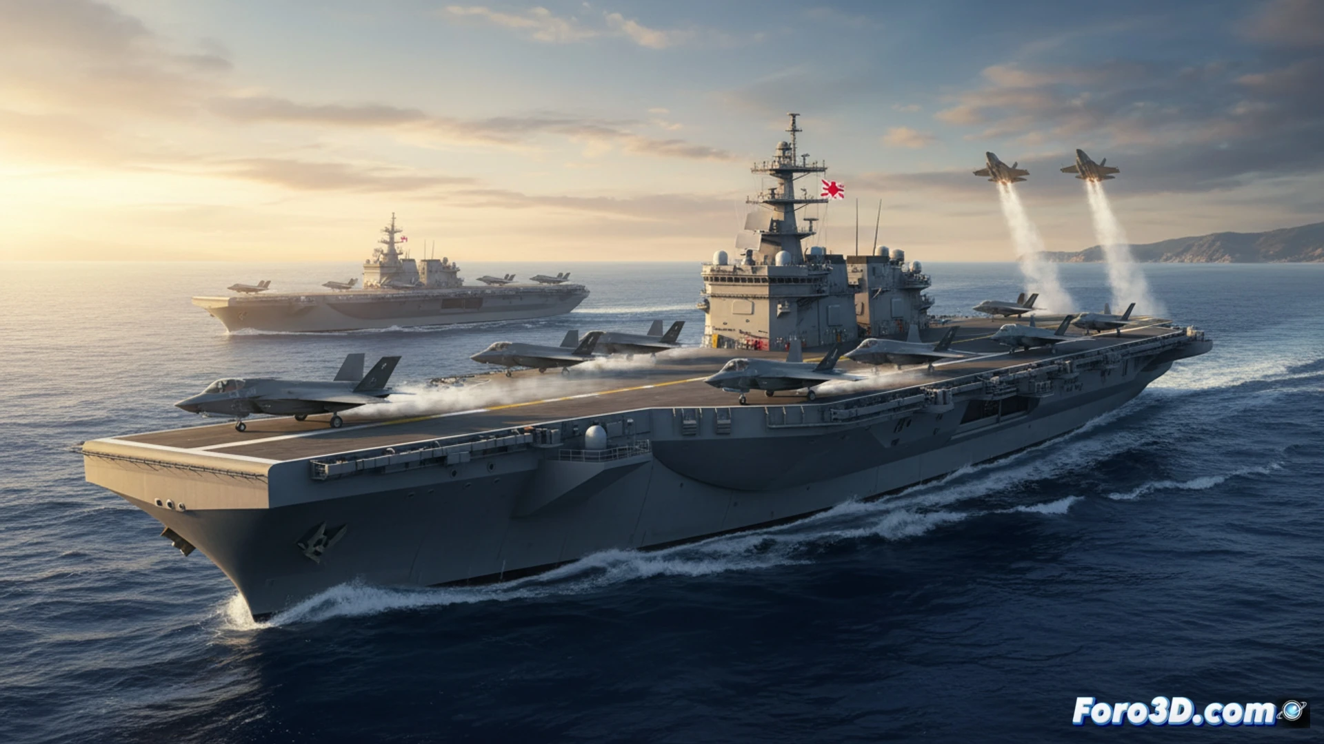 Japanese Izumo-class destroyer with flight deck modifications, F-35B stealth fighter performing vertical takeoff from Kaga vessel, retractable heat-resistant deck panels raised during engine nozzle rotation, maintenance crew in protective gear monitoring landing gear hydraulics, morning sunlight reflecting off sea surface, dramatic Pacific Ocean backdrop with distant naval silhouettes, photorealistic military engineering visualization, metallic hull textures with anti-slip coating, vapor trails from lift fan exhaust, dynamic action showing transition from ship to air operations, cinematic wide-angle composition, ultra-detailed mechanical deck systems