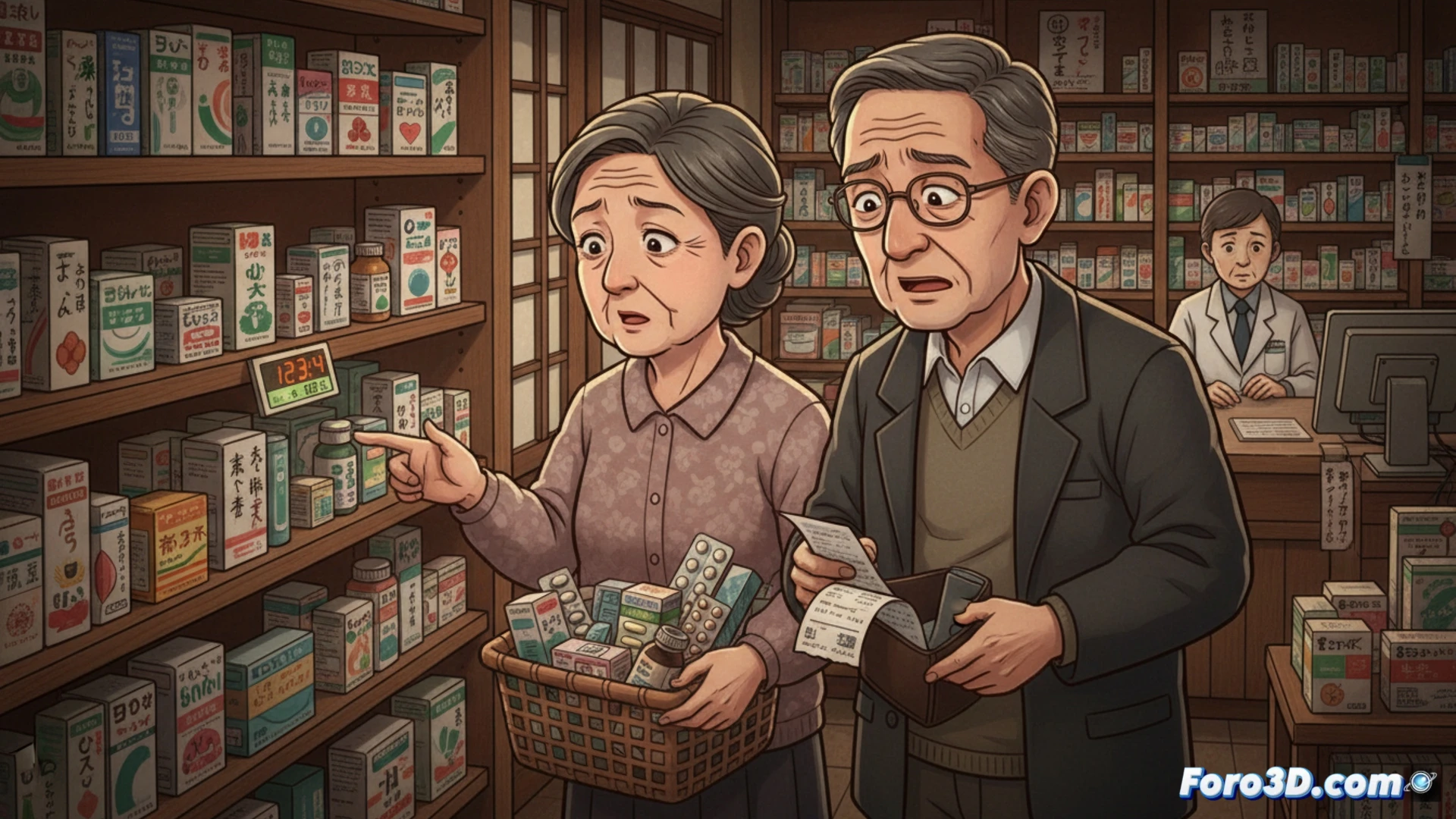 pharmaceutical factory production line, japanese pharmacist in white coat holding a prescription bottle while comparing it to an over-the-counter drug box on a digital tablet screen, rising price tags floating above 1,100 medicine packages on automated conveyor belts, health insurance card being declined at a payment terminal, technical illustration style, clean white laboratory lighting, precise medical equipment details, sharp focus on pharmaceutical packaging and transaction process, realistic product labels and barcode scanners, clinical atmosphere with sterile surfaces