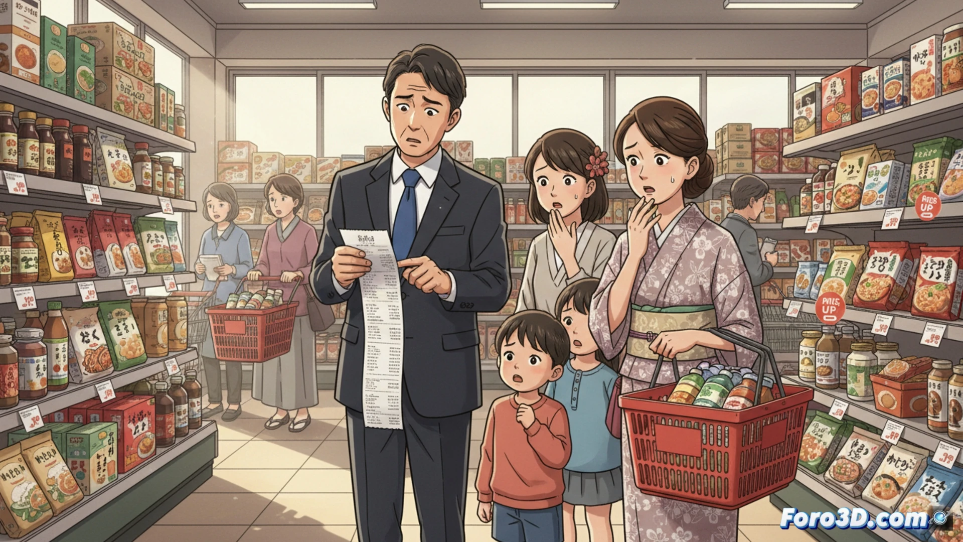 Japanese supermarket aisle scene, housewife holding a shopping basket while staring at price tags on packaged condiments and sauces, her hand hesitating mid-air, digital price display showing sudden increase, processed food boxes stacked on shelves, economic pressure visible in her expression, photorealistic technical illustration, warm fluorescent store lighting, shallow depth of field focusing on price tags and her tense fingers, subtle motion blur of other shoppers passing by, hyper-detailed packaging labels, realistic plastic wrappers, cinematic composition with dramatic shadow contrasts, ultra-realistic retail environment