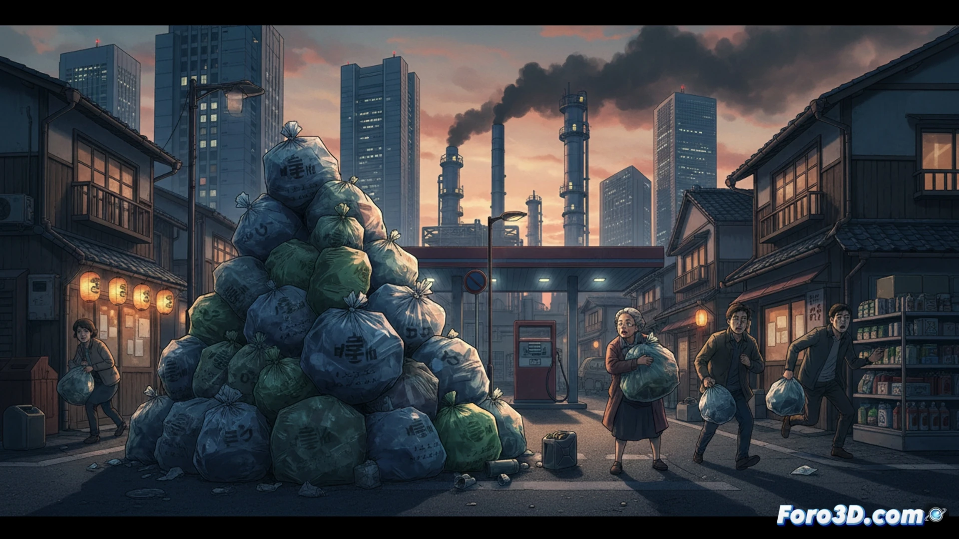 Una calle japonesa vacía, con un montón de bolsas de basura oficiales apiladas junto a un cartel de 'prohibido acumular'. Al fondo, una gasolinera cerrada y un camión de basura detenido.
