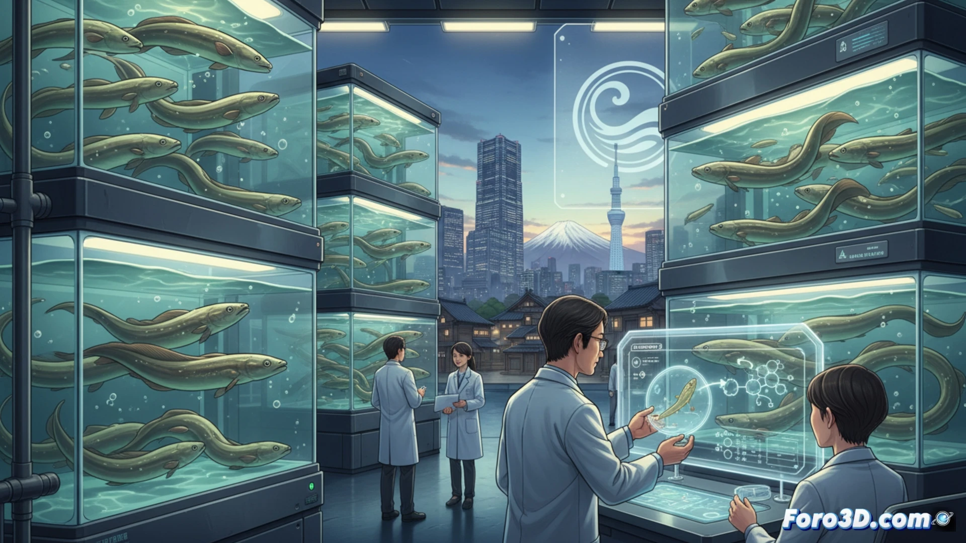 Close-up photorealistic technical illustration of a Japanese eel aquaculture laboratory, clear glass tank with multiple transparent eel larvae at different development stages from egg to juvenile, automated water filtration system with pipes and monitoring sensors visible, robotic feeding arm dispensing microscopic food particles into the water, soft blue LED lighting from above, bubbles rising, stainless steel equipment in background, reflective surfaces, clinical sterile environment, precise temperature control display panel on tank side, cinematic industrial lighting, hyper-detailed scientific equipment, photorealistic engineering visualization