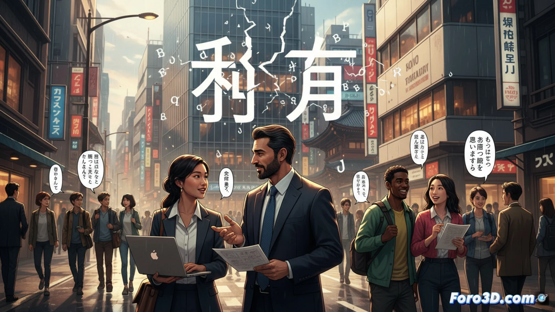 Japanese language classroom scene showing a foreign worker typing on a laptop while a Japanese resident writes kanji on a whiteboard, both actively communicating through shared digital translation tools on a tablet, diverse hands pointing at a multilingual dictionary app interface, blurred background showing a residency application form on a desk, cinematic photorealistic style, warm ambient lighting, soft focus on faces, technical illustration of cross-cultural language exchange, realistic textures of paper and screen reflections, demonstrating collaborative learning process