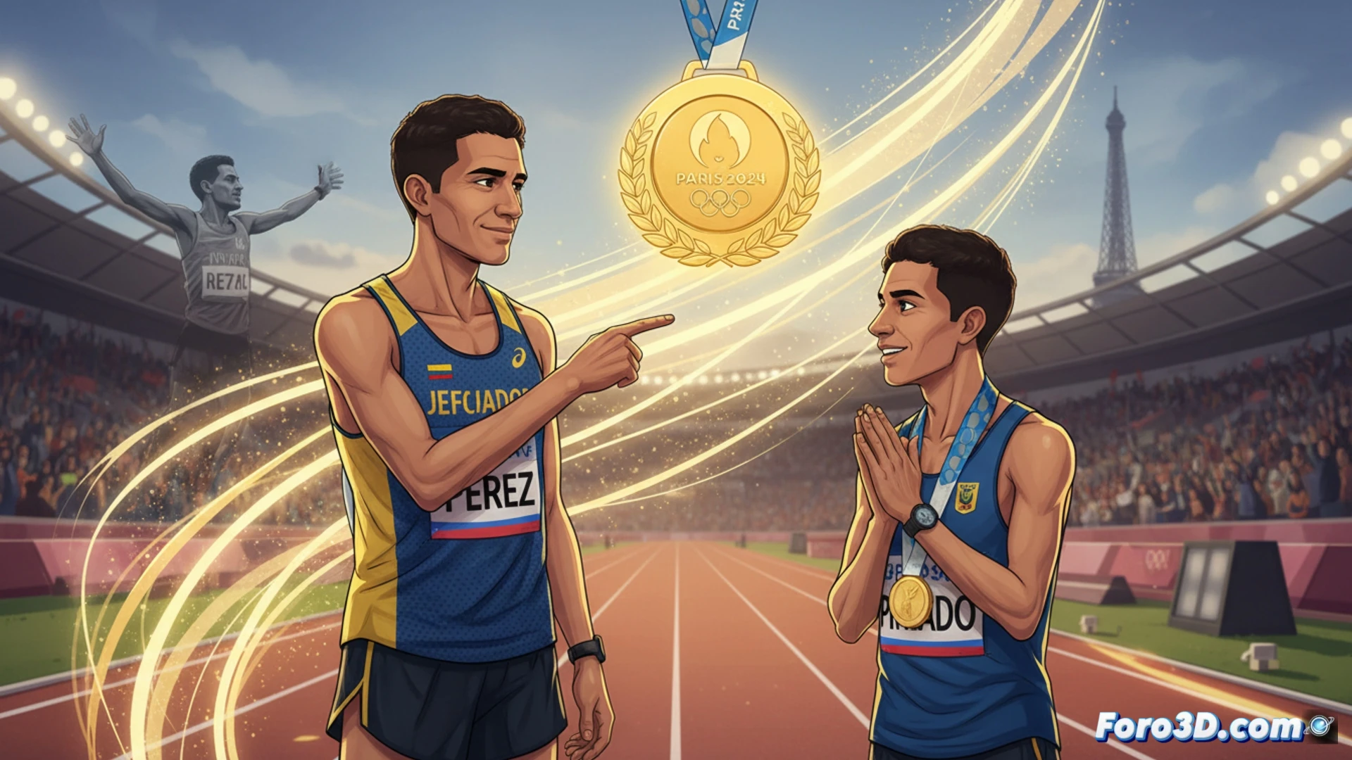 Jefferson Pérez y Daniel Pintado en un gesto de relevo simbólico durante una carrera de marcha atlética en Madrid, amaneciendo en el Parque del Retiro, ambos atletas con zancadas sincronizadas, mostrando medallas de oro olímpicas en sus manos extendidas, mientras banderas de Ecuador ondean al fondo, cronómetros digitales y sensores de ritmo en las muñecas, luz dorada de sol bajo creando contraluces y sombras alargadas, atmósfera inspiradora, fotorealismo cinematográfico, acción dinámica de paso firme, sudor en rostros concentrados, tribuna vacía al fondo.