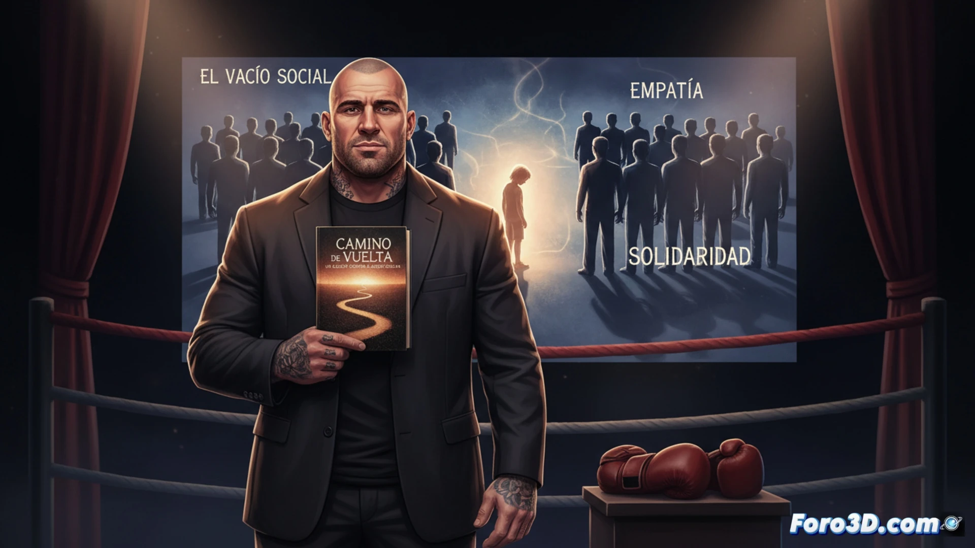 Jero García, en un ring de boxeo, sostiene su libro 'Camino de vuelta', con jóvenes a su alrededor.