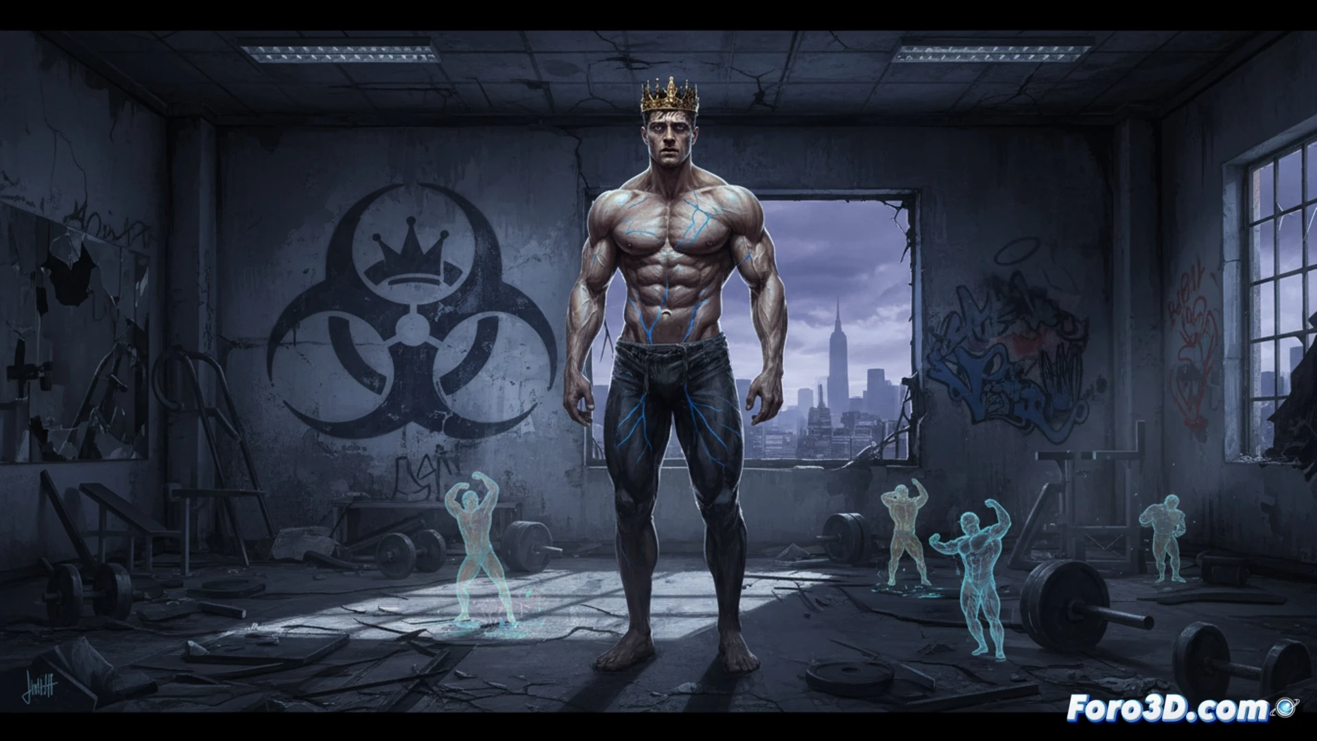 muscular gay gym king Jim in torn tank top standing alone in empty Paris nightclub, glowing viral particles labelled Heterosis floating in air, his bicep visibly shrinking while Lucien holds a portable bio-scanner showing DNA helix breaking apart, abandoned workout equipment on floor, neon lights flickering, photorealistic cinematic style, dramatic shadows, medical syringe on table with green serum, desperate expression on Jim face, process of viral transformation shown through translucent skin layers, ultra-detailed muscle tissue degradation, clinical horror atmosphere