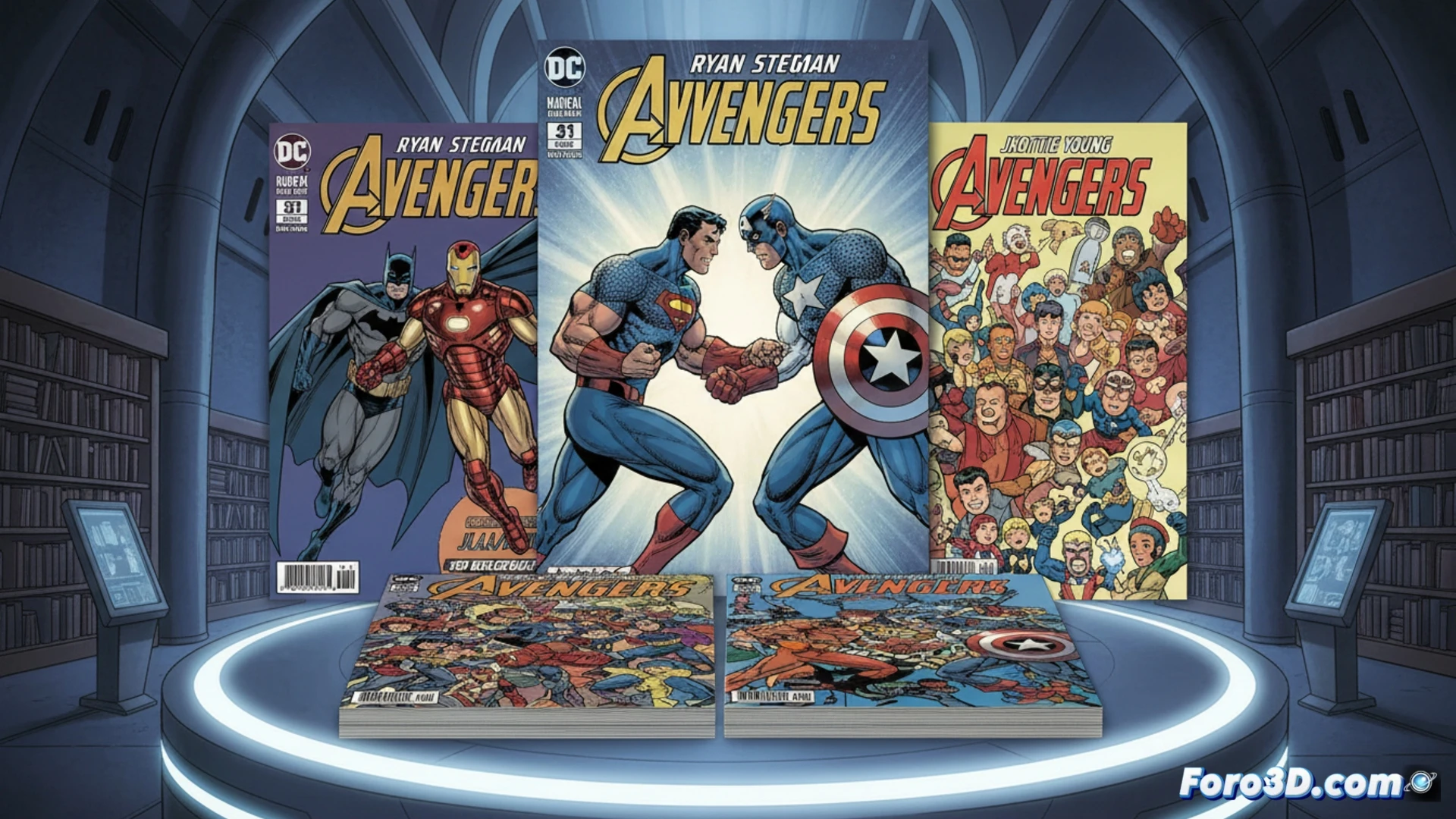 two iconic superhero teams clashing in mid-air above a shattered cosmic arena, one side with a shield and winged helmet, the other with a lightning bolt emblem, both reaching for a glowing metallic cube, dynamic action pose, cinematic comic book style, detailed muscle anatomy and costume textures, dramatic lighting with energy sparks, debris floating in zero gravity, classic 2003 artwork recreated in high-resolution digital render, vibrant primary colors, sharp contrast, epic battle composition, photorealistic technical illustration